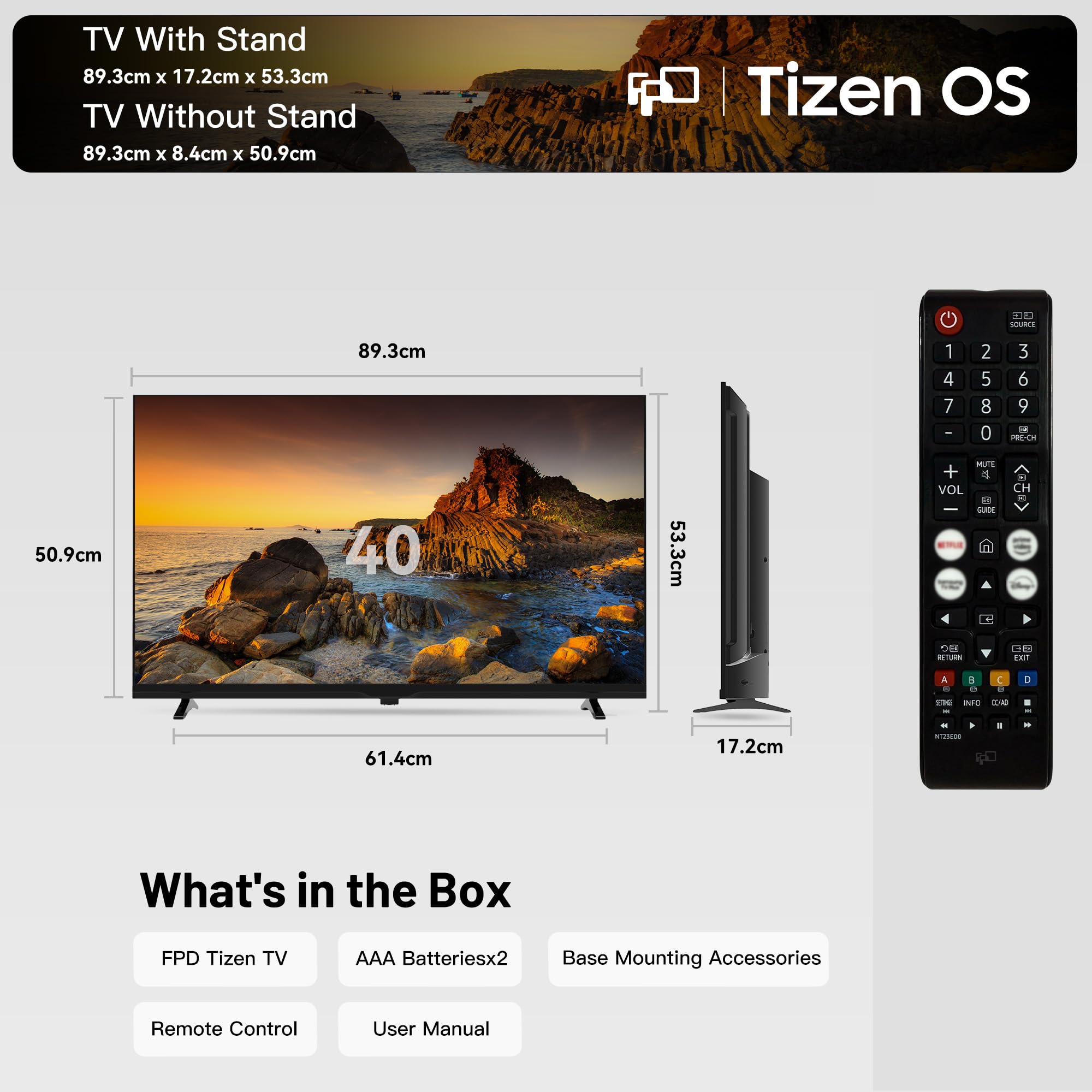 FPD 40 Inch Smart TV Tizen OS, 1080p Full HD Compatible with Samsung TV Plus, Dolby Audio, HDR 10, Gaming Hub, SmartThings, Built-in Miracast, Voice Control Flat Screen Television (AT40-P1)