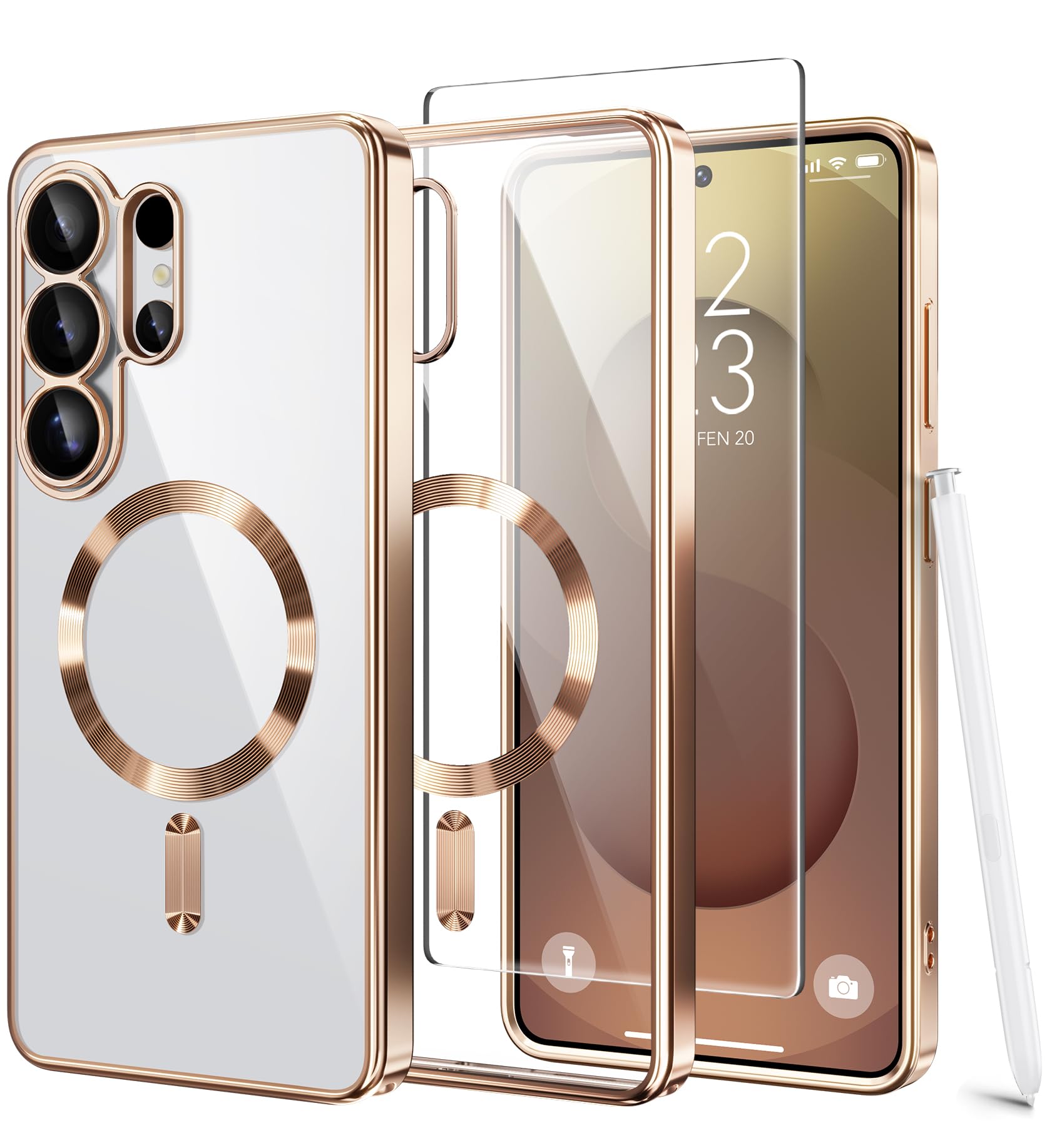 Magnetic Case Compatible with Samsung Galaxy S25 Ultra,Compatible with MagSafe,[Full Camera Protection][Screen Protector] Shockproof Plating Clear Phone Cover for Galaxy S25 Ultra(Black/Clear)