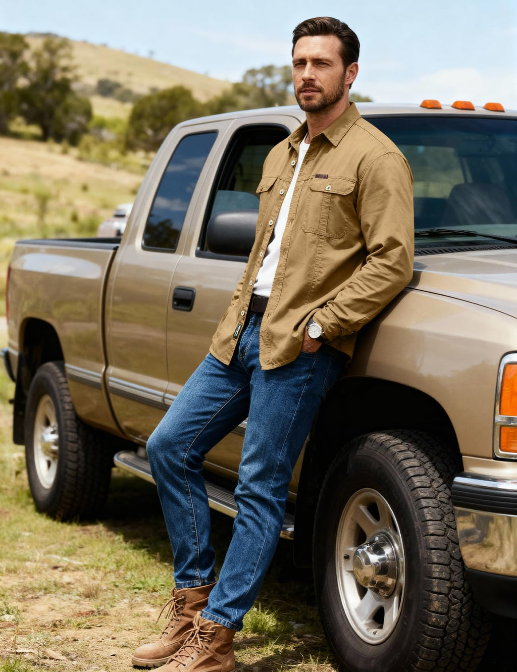 Eisctnd Men's Long Sleeve Cotton Work Shirt Casual Loose Fit Button Down Shirts with 2-Pocket for Outdoor Safari