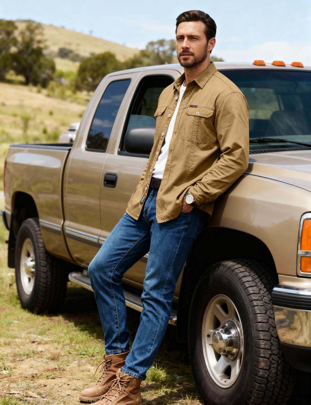 Eisctnd Men's Long Sleeve Cotton Work Shirt Casual Loose Fit Button Down Shirts with 2-Pocket for Outdoor Safari