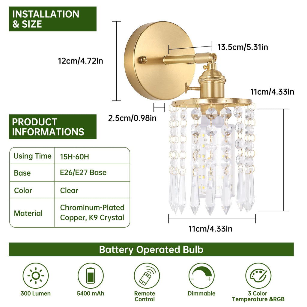 Shenmoyl Set of 2 Crystal Battery Operated Wall Sconce, Rechargeable Battery Powered Wall Lamp with Remote Control, Modern Dimmable Wall Lights for Bedroom Bathroom(Green, Gold Base)