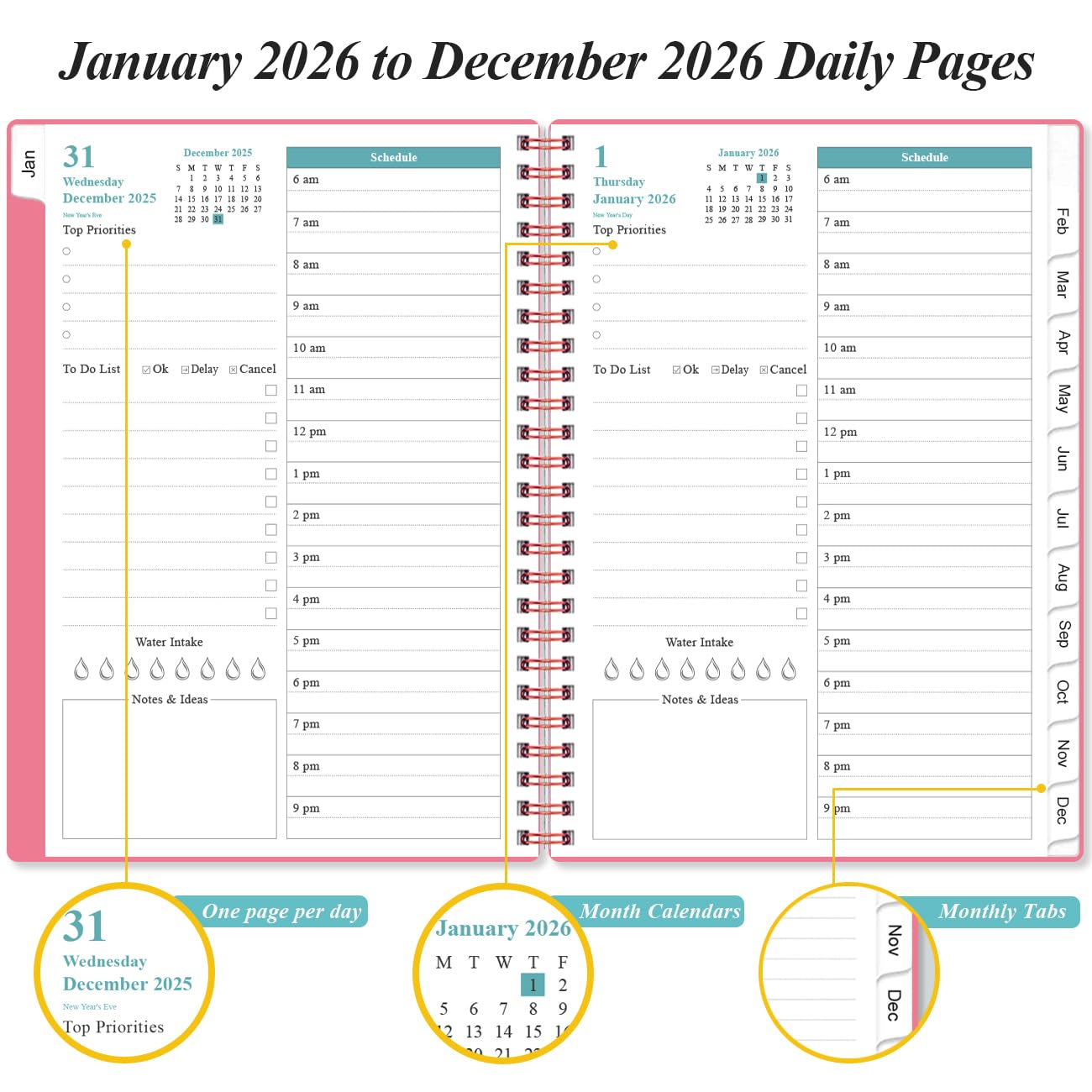 2026-2027 Daily & Monthly Planner - One Page Per Day, Daily Planner from July 2026 to June 2027, Planner 2026-2027 with 12 Monthly Tabs, 6.4" x 8.5", Black