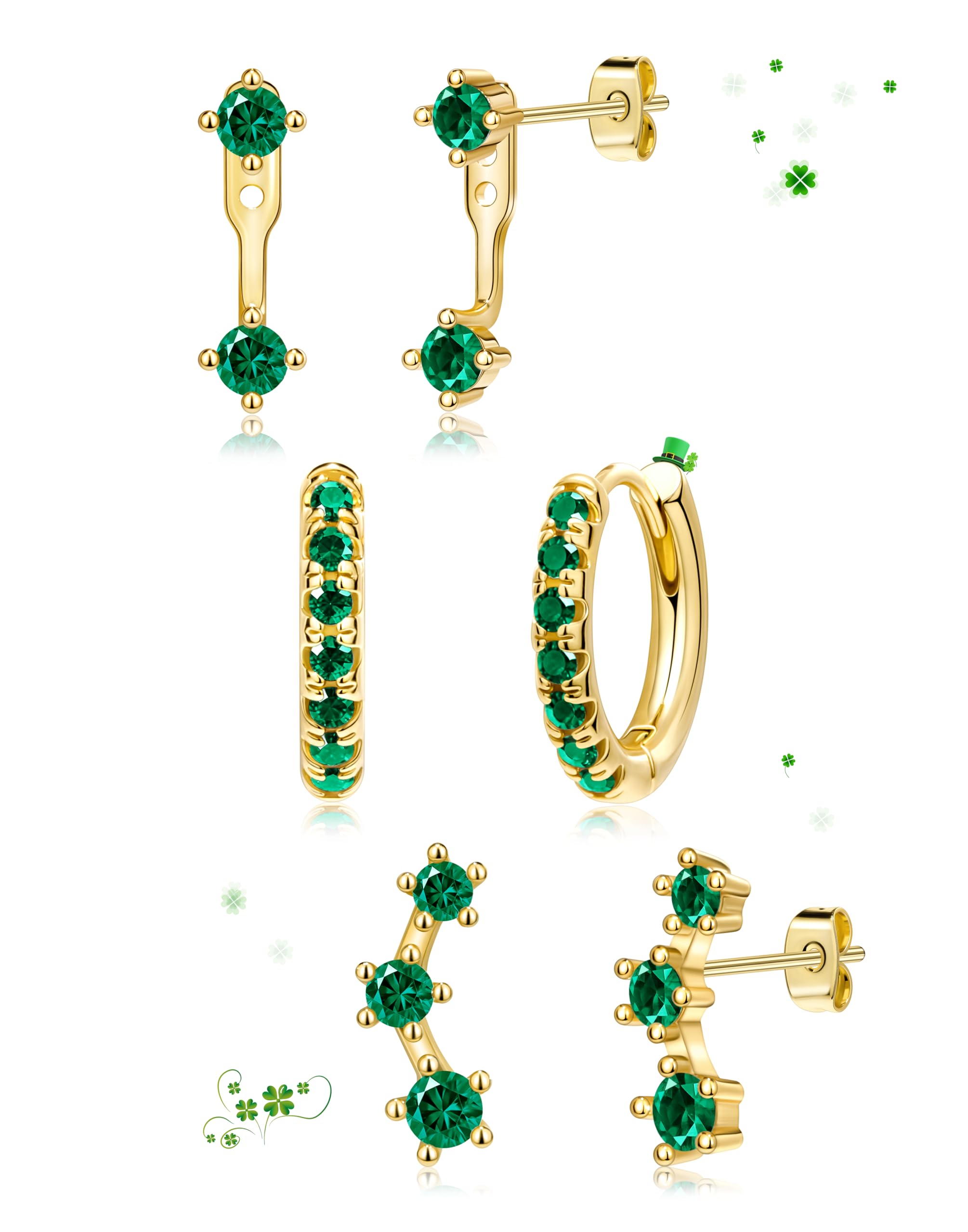 3 Pairs Dainty Small Earrings Set for Women Trendy, Birthstone Stud Huggie Hoop Jacket Stack for Cartilage Helix, Gold Plated Hypoallergenic Cute Women Fashion Accessories Western Jewelry Gifts