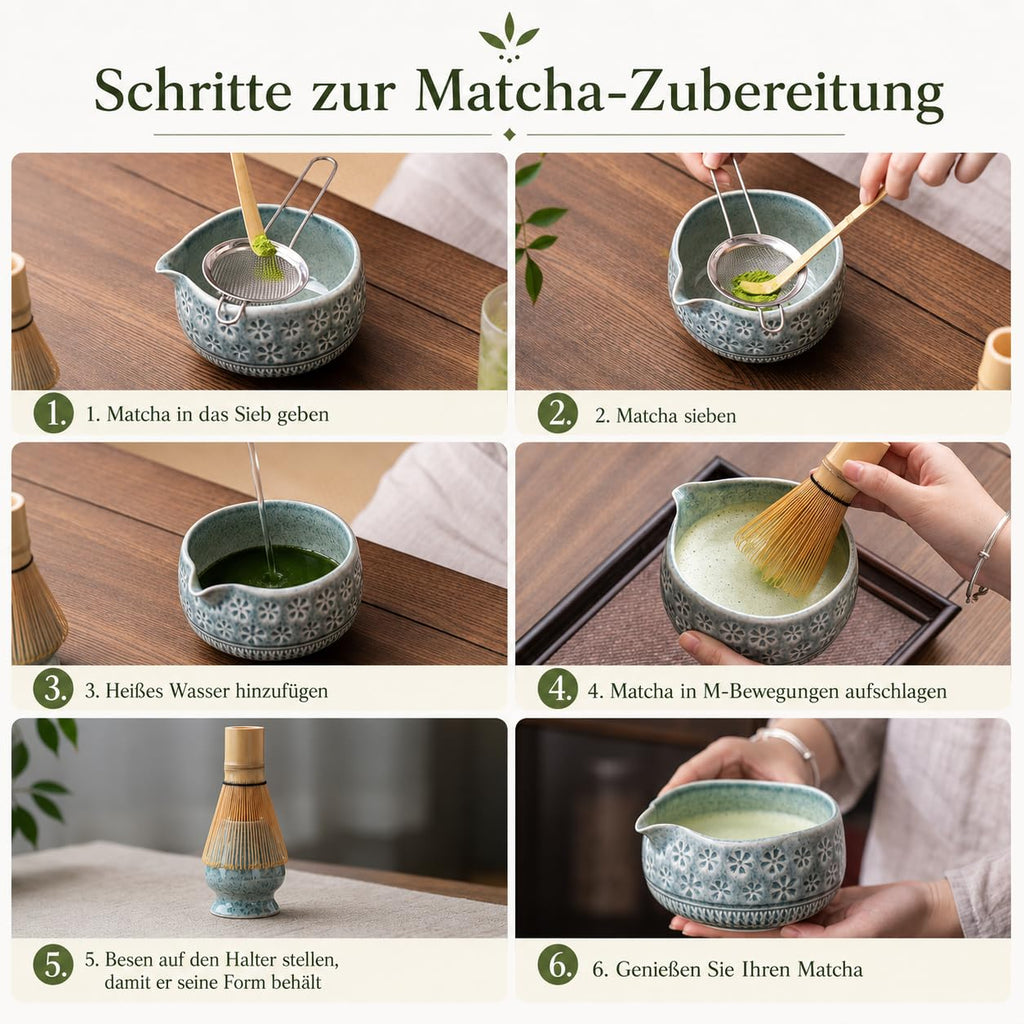 Buucup Matcha Whisk Set, Ceramic Matcha Kit Includes Matcha Bowl, Matcha Whisk and Holder, Bamboo Scoop, Scoop Rest, Sifter and Tea Towel - 7 Pcs Matcha Kit for Matcha Lovers (Blue)