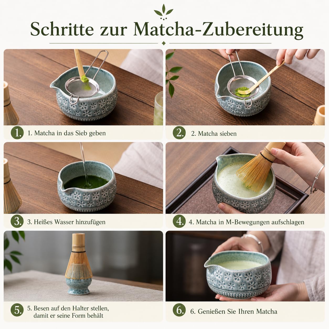 Buucup Matcha Whisk Set, Ceramic Matcha Kit Includes Matcha Bowl, Matcha Whisk and Holder, Bamboo Scoop, Scoop Rest, Sifter and Tea Towel - 7 Pcs Matcha Kit for Matcha Lovers (Blue)