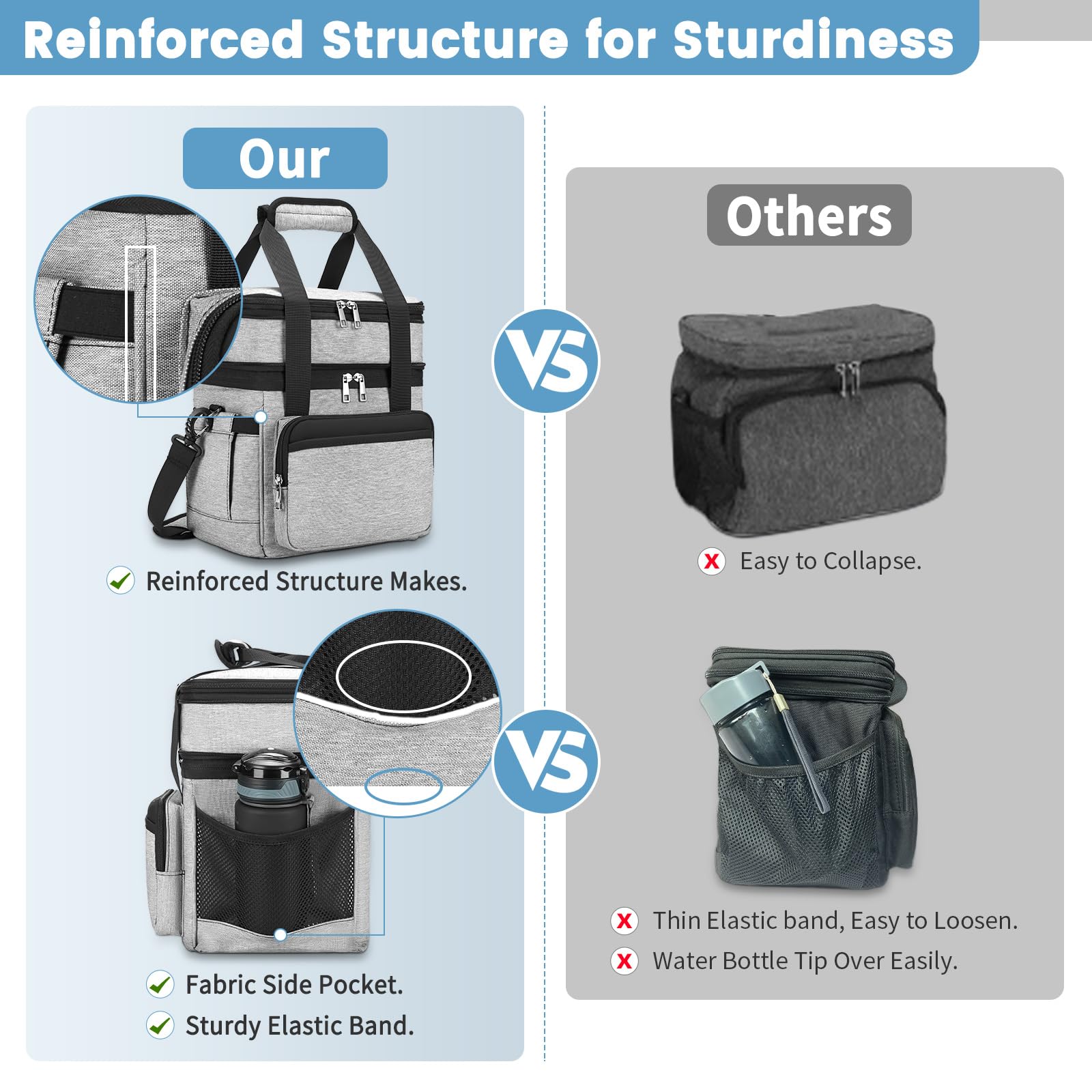 holuxer Insulated Lunch Bag & Lunch Box for Men - Double Deck Reusable Lunch Bag for Women Tote Cooler Bag Leakproof Soft Expandable - Large Lunchbox for Work/Adult/Picnic/Outdoor (Black，15L)