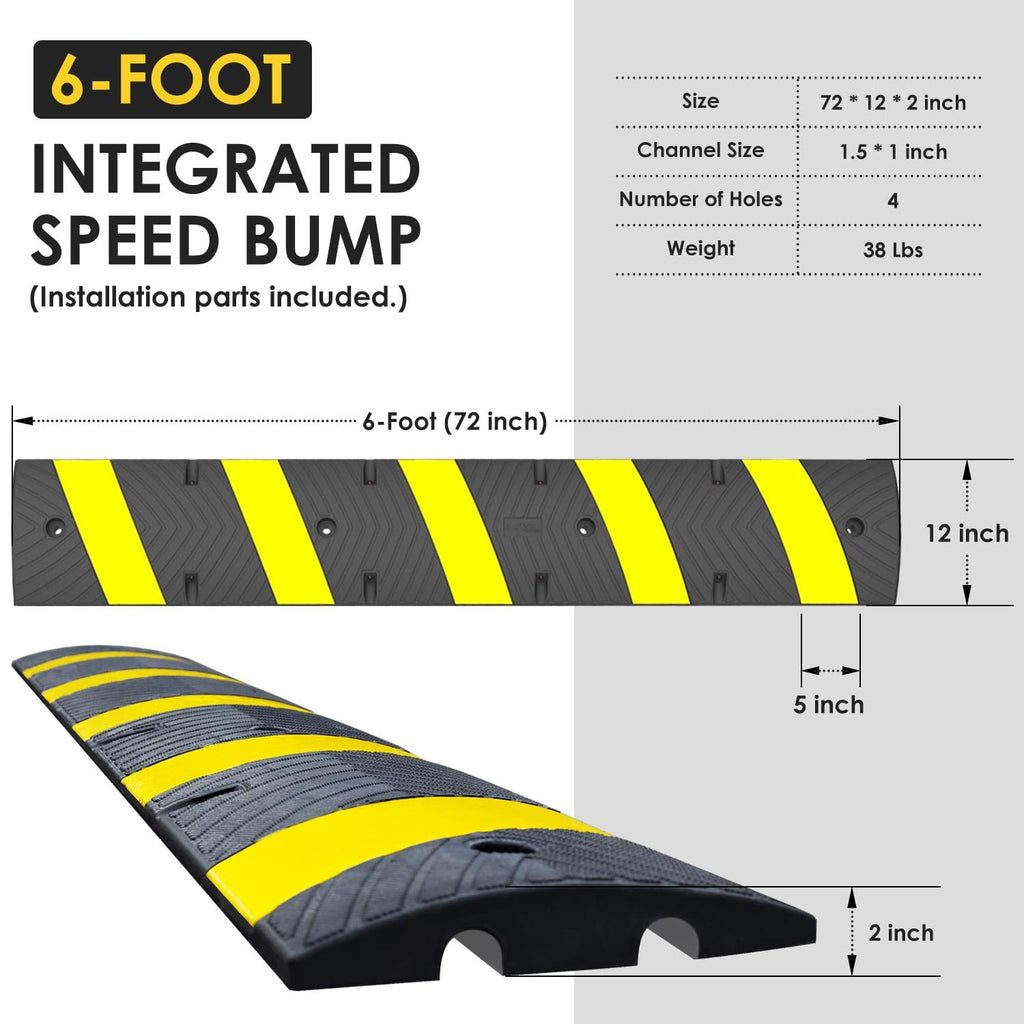 72" x 10" x 2" inch Portable Speed Bump Hump, 6' Feet Durable Collapsible Road Safety Bumps, Vehicles Hump Bumps for Asphalt Concrete Gravel Garage Driveway Roads Parking (72" Curlable Bump)