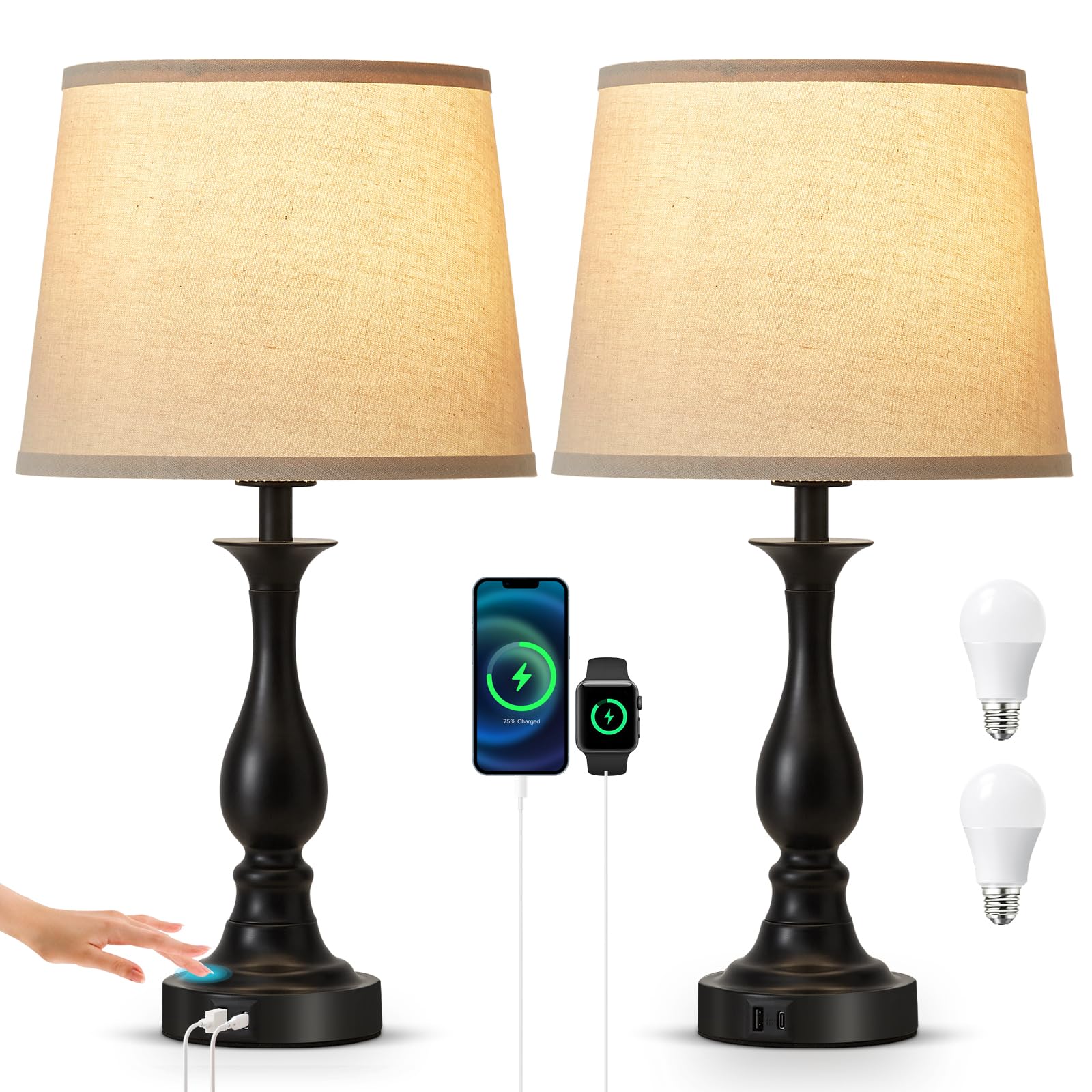 Bedside Table Lamp Touch Control Bedroom Lamps with USB A and C Charging Port 3 Way Dimmable Touch Lamps for Nightstand Living Room Bedroom Dorm Home Office Reading, Set of 2