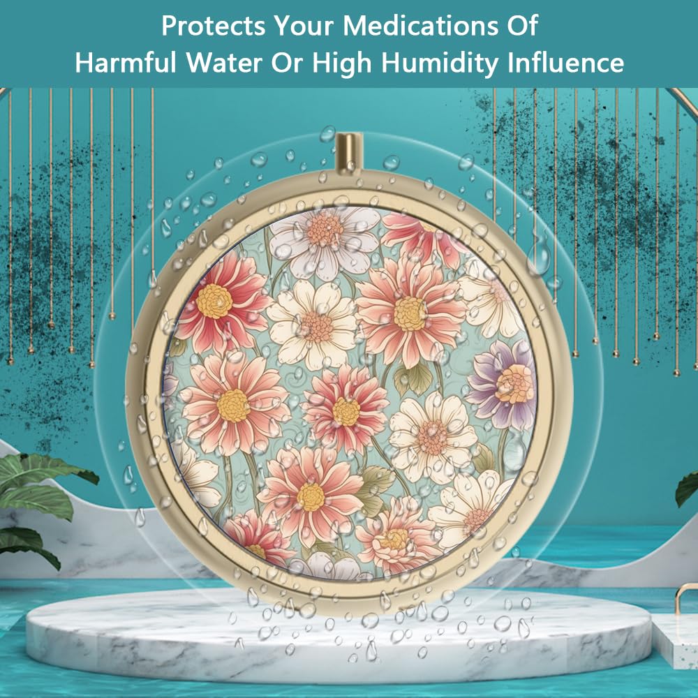 Pill Case Pill Box with Mirror Retro 2 Compartment Small Pill Case for Purse or Pocket Bronze Rectangular Pill Box or Vitamins, Fish Oil, Supplements, Pill Containe Travel Gifts（Retro Red Flowers）