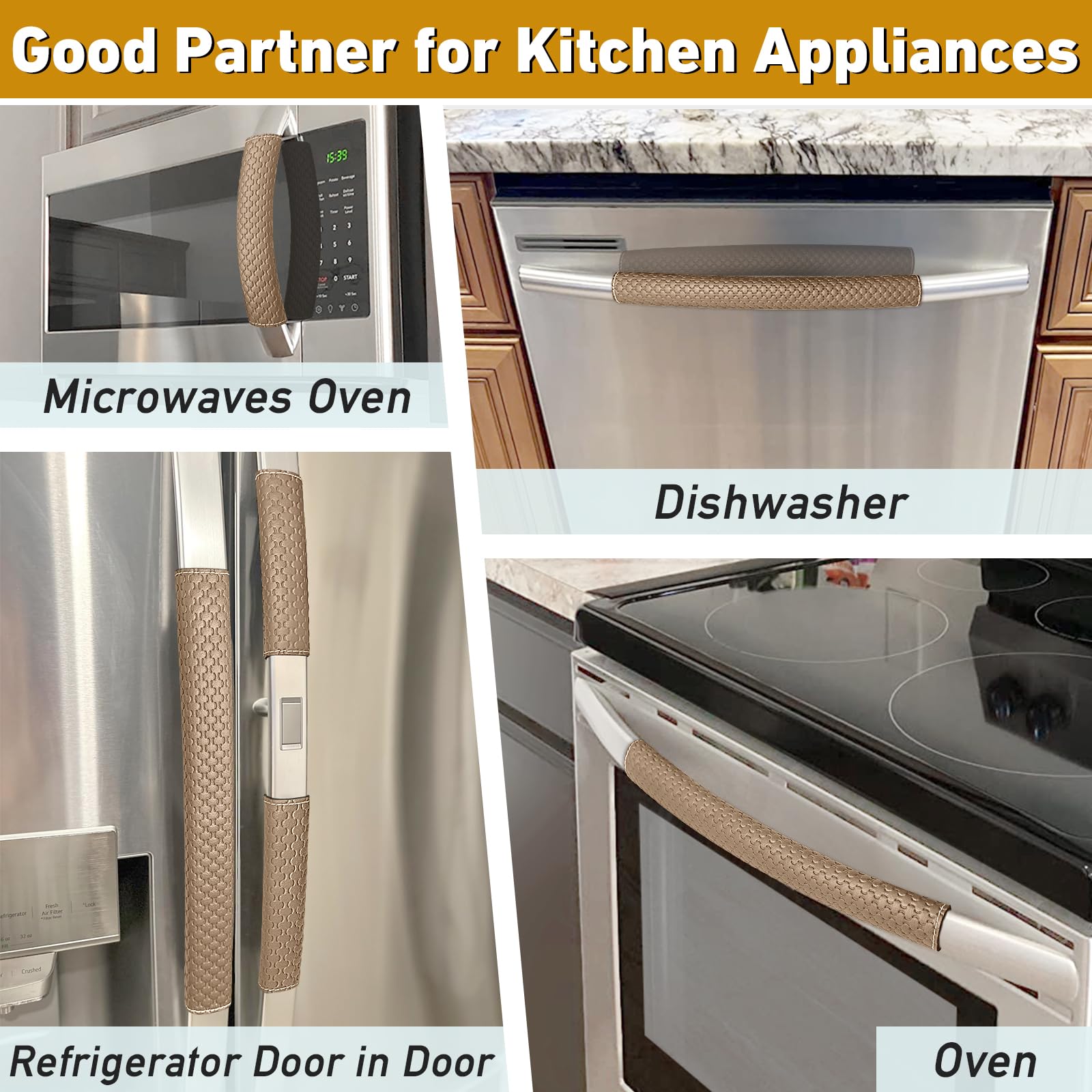 Refrigerator Door Handle Covers, Set of 4, Performance Appliance Handle Covers, Non-Slip Fridge Door Handle Covers, Keep Your Kitchen Clean, Microwave Oven Dishwasher door Handle Protectors(Brown)