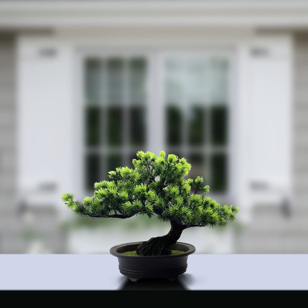 Small Fake Plants Desk Decor Artificial Bonsai with Pot, 9.5" Tall, Green