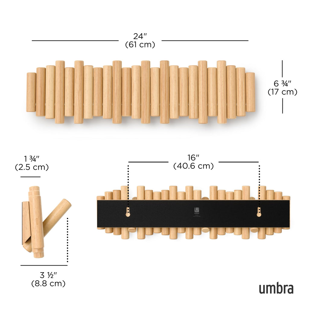 Umbra Picket Wall-Mounted Coat Rack Rail Hook with 5 Retractable Wood Pegs – Modern, Space-Saving Storage Organizer, Black