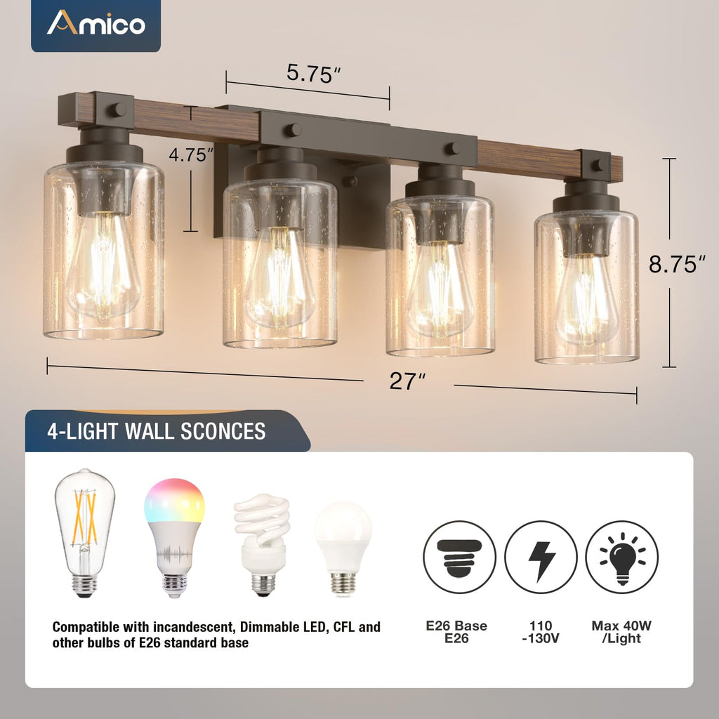 Amico 3-Light Farmhouse Vanity Light Fixture, Rustic Wood Bathroom Light Fixtures, Industrial Vintage Black Wall Sconces Lights with Bubble Glass Shade for Mirror, Bedroom, Living Room, Hallway