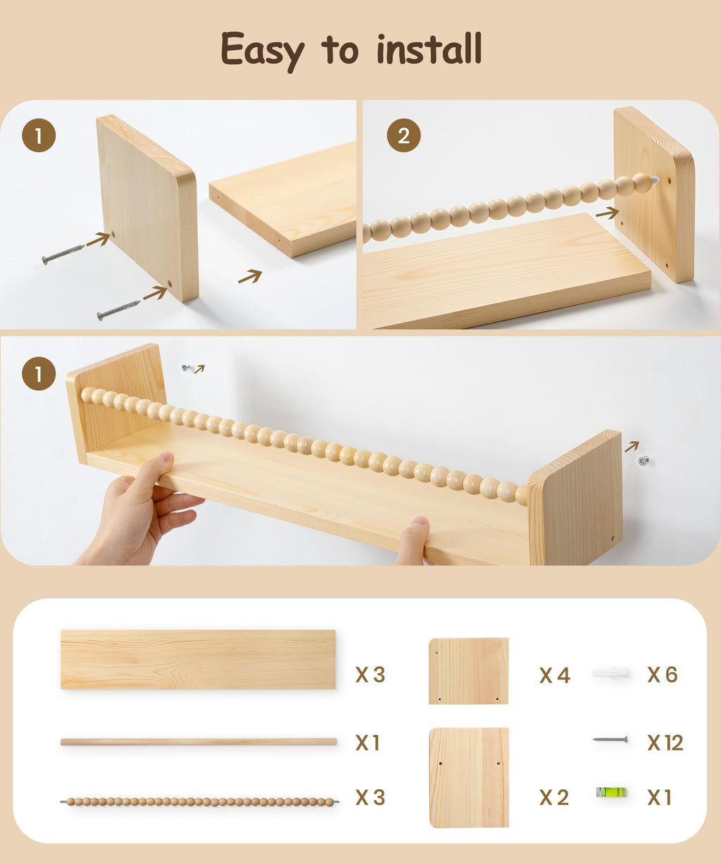 Nursery Book Shelves for Wall Set of 3, Natural Wood Bookshelves Wall Decor, Small Floating Shelf Organizer for Kids Room, Bedroom, Kitchen Spice Rack