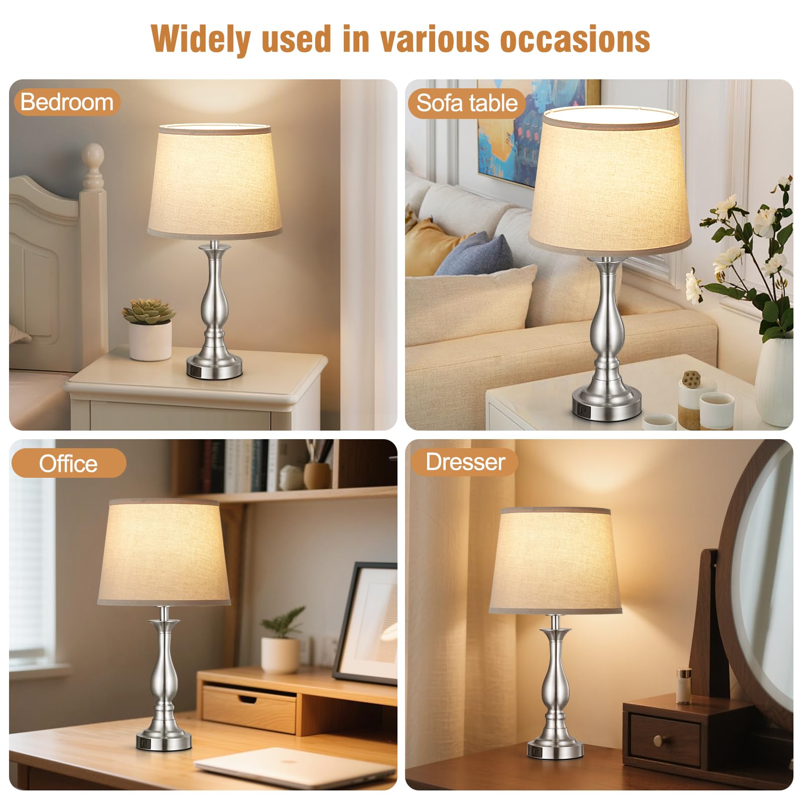Bedside Table Lamp Touch Control Bedroom Lamps with USB A and C Charging Port 3 Way Dimmable Touch Lamps for Nightstand Living Room Bedroom Dorm Home Office Reading, Set of 2
