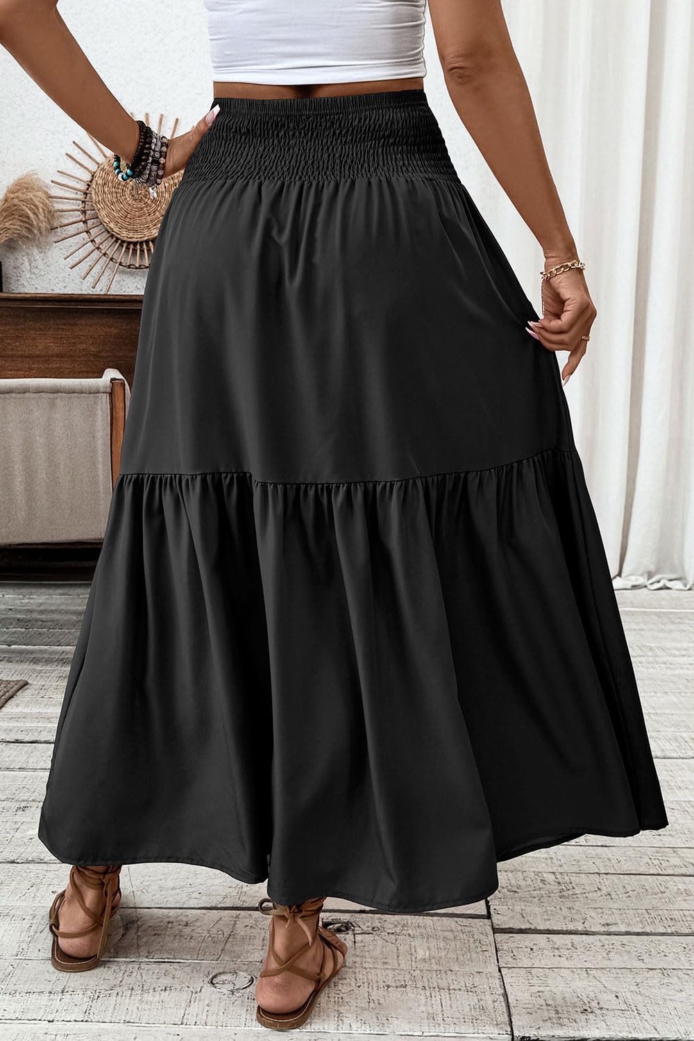 Women's Smocked High Waist Maxi Skirt Casual Boho Long Skirts with Pockets