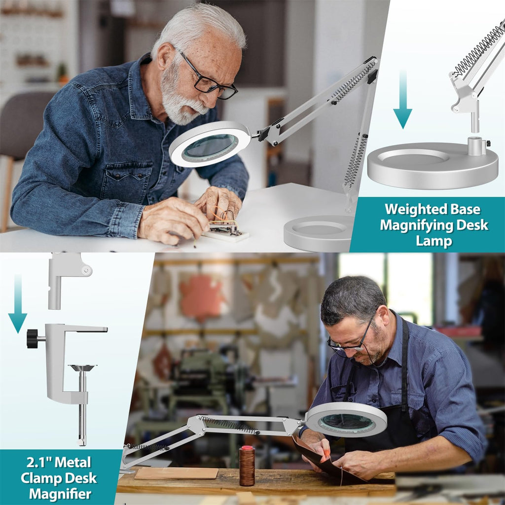 12X Magnifying Glass with Light and Stand, Real Glass, 5 Color Modes, Brightness Stepless Dimmable Lighted Magnifier Hands Free, 2-in-1 Desk Lamp & Clamp Light, Magnifier Lamp for Close Work, Reading