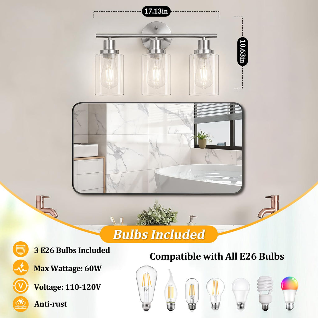 Unicozin 2 Pack Modern Bathroom Light Fixtures, 3 Light Vanity Lights, Black Wall Lamp with Clear Glass for Bathroom, Mirror, Living Room, Bedroom, Hallway, E26 Base