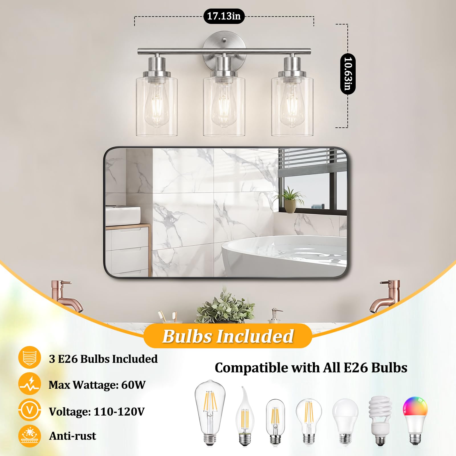 Unicozin 2 Pack Modern Bathroom Light Fixtures, 3 Light Vanity Lights, Black Wall Lamp with Clear Glass for Bathroom, Mirror, Living Room, Bedroom, Hallway, E26 Base