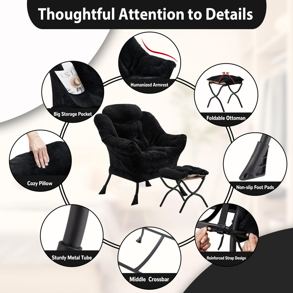 Youtanic Lazy Chair with Folding Ottoman, Accent Chair Velvet Upholstered with Metal Structure and Non-Slip Pads, Sofa Armchair with Footrest and Side Storage Bag for Dorm, Room, Office, Beige