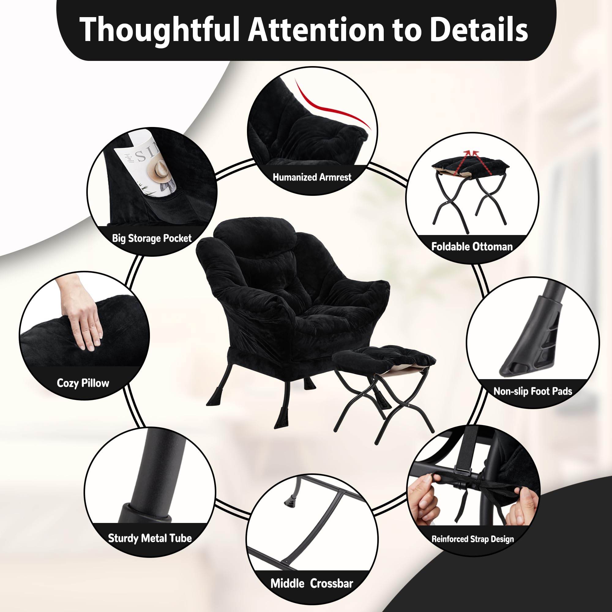 Youtanic Lazy Chair with Folding Ottoman, Accent Chair Velvet Upholstered with Metal Structure and Non-Slip Pads, Sofa Armchair with Footrest and Side Storage Bag for Dorm, Room, Office, Beige