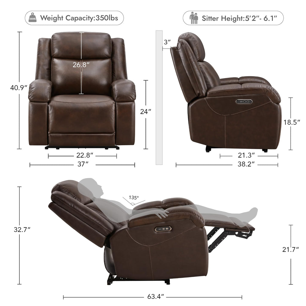 Watson & Whitely Genuine Leather Power Recliner Chairs for Adults, Wall Hugger RV Recliner with Power Headrest & Charging Ports, Electric Recliner Sofa Chair for Living Room, Black