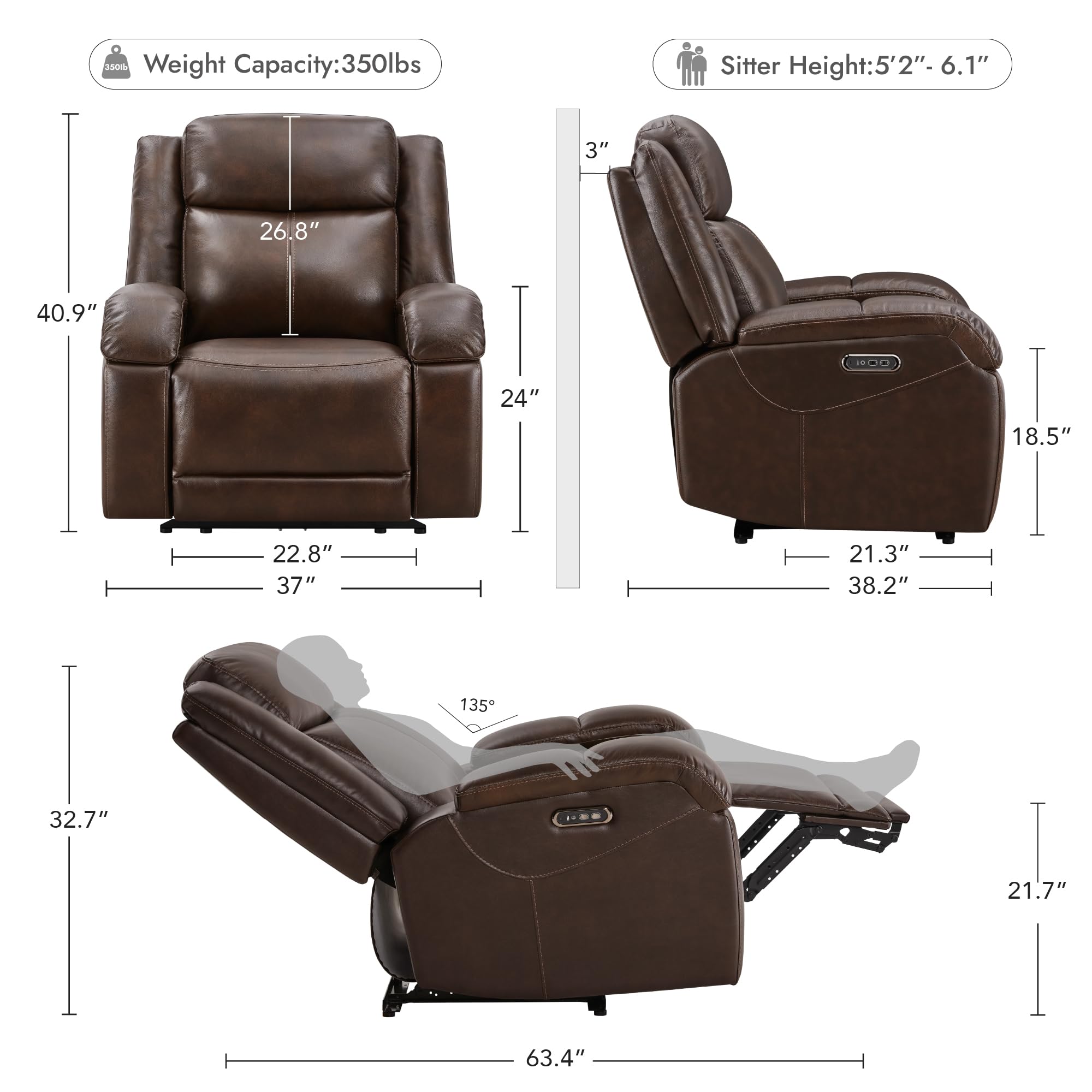 Watson & Whitely Genuine Leather Power Recliner Chairs for Adults, Wall Hugger RV Recliner with Power Headrest & Charging Ports, Electric Recliner Sofa Chair for Living Room, Black