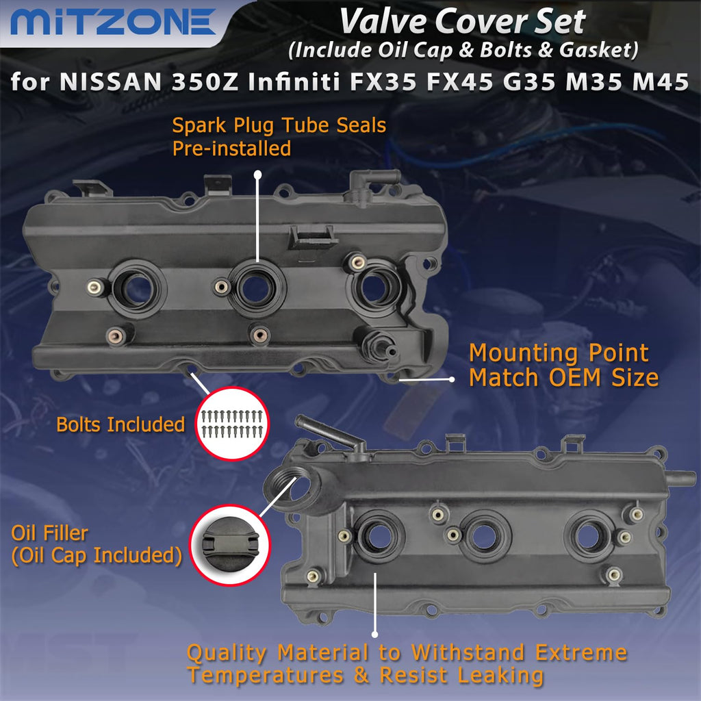 MITZONE Engine Valve Cover Set with Bolts & Oil Cap & Gaskets & Spark Plug Tube Seals & P CV Cover Compatible with 2003-2008 Nissan 350Z Infiniti FX35 G35 M35 VQ35DE 3.5L Part# 13264AM600 13264AM610
