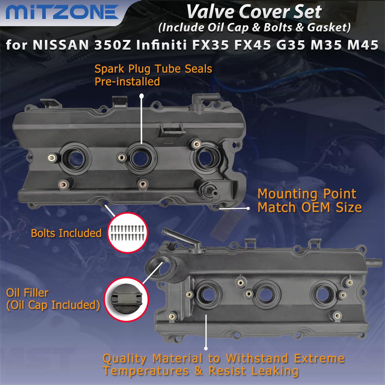 MITZONE Engine Valve Cover Set with Bolts & Oil Cap & Gaskets & Spark Plug Tube Seals & P CV Cover Compatible with 2003-2008 Nissan 350Z Infiniti FX35 G35 M35 VQ35DE 3.5L Part# 13264AM600 13264AM610
