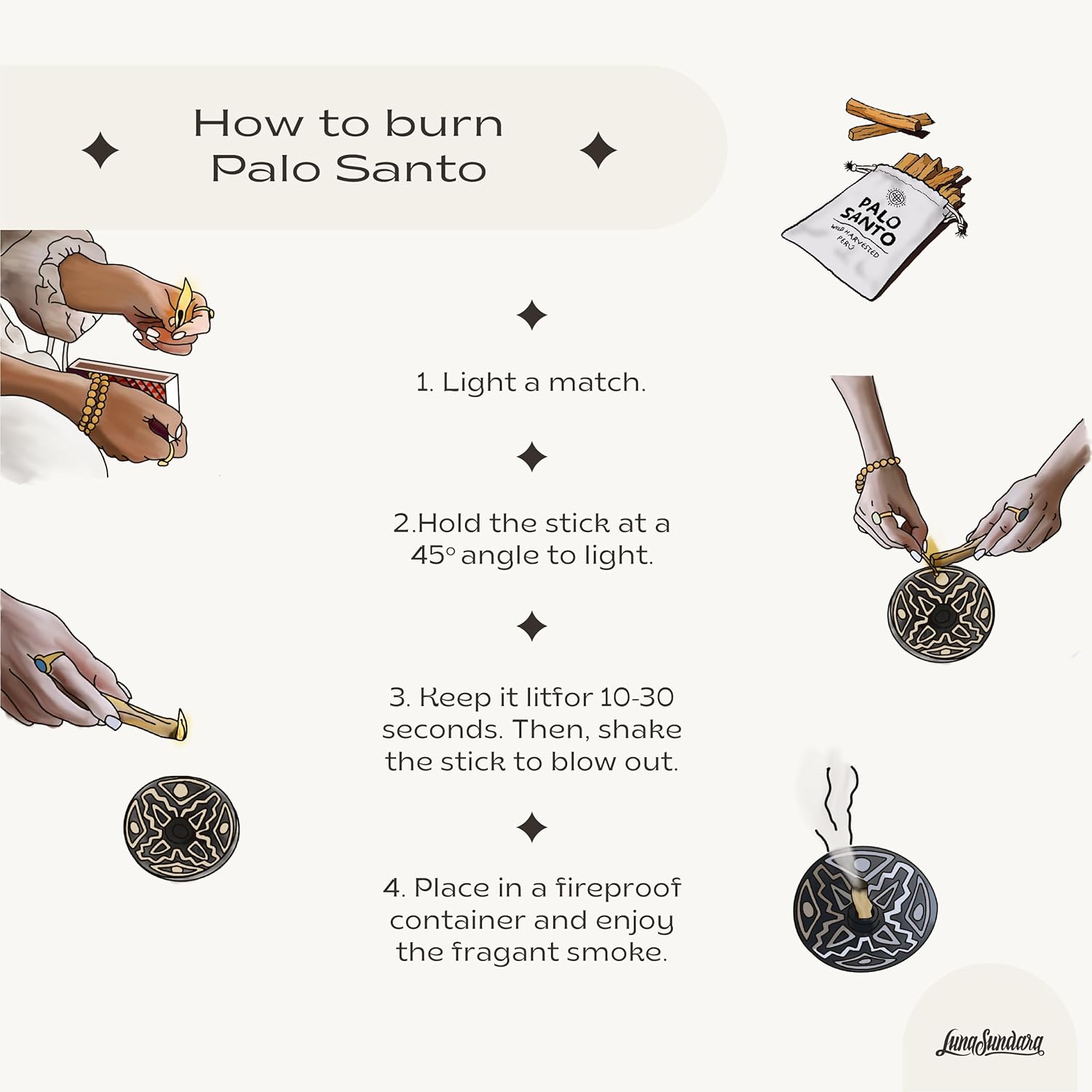 Luna Sundara Palo Santo Sticks, 100g Peruvian Smudging Wood | Sustainably harvested Bursera graveolens palo santo wood for meditation, cleansing, smudging, and rituals.