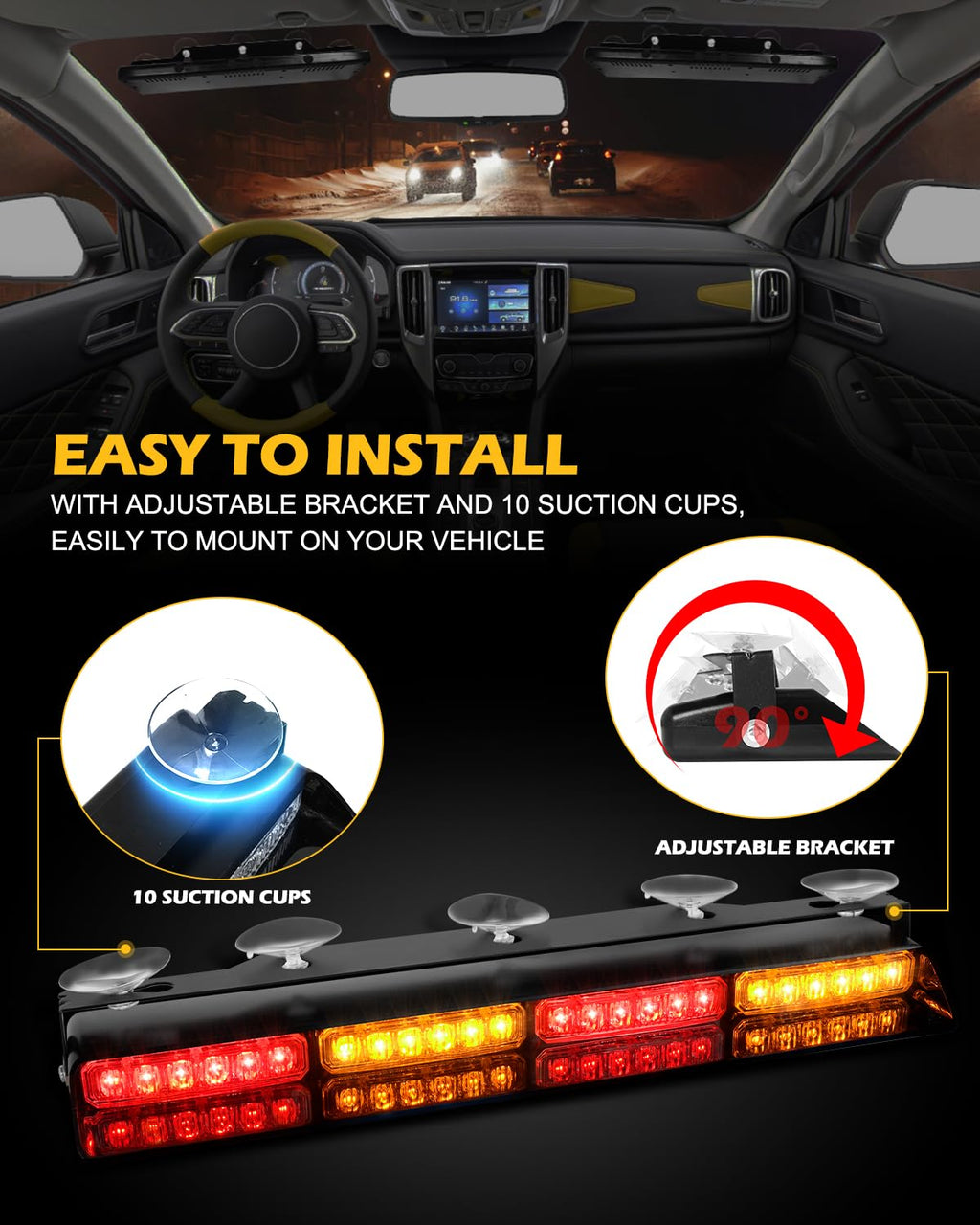 HLauto 604N Emergency Dash Strobe Lights: 2x16.8 inch Amber White Security Light w/Take Down, 48 LED Safety Flashing Warning Hazard Interior Windshield Light Bar for Truck Vehicle