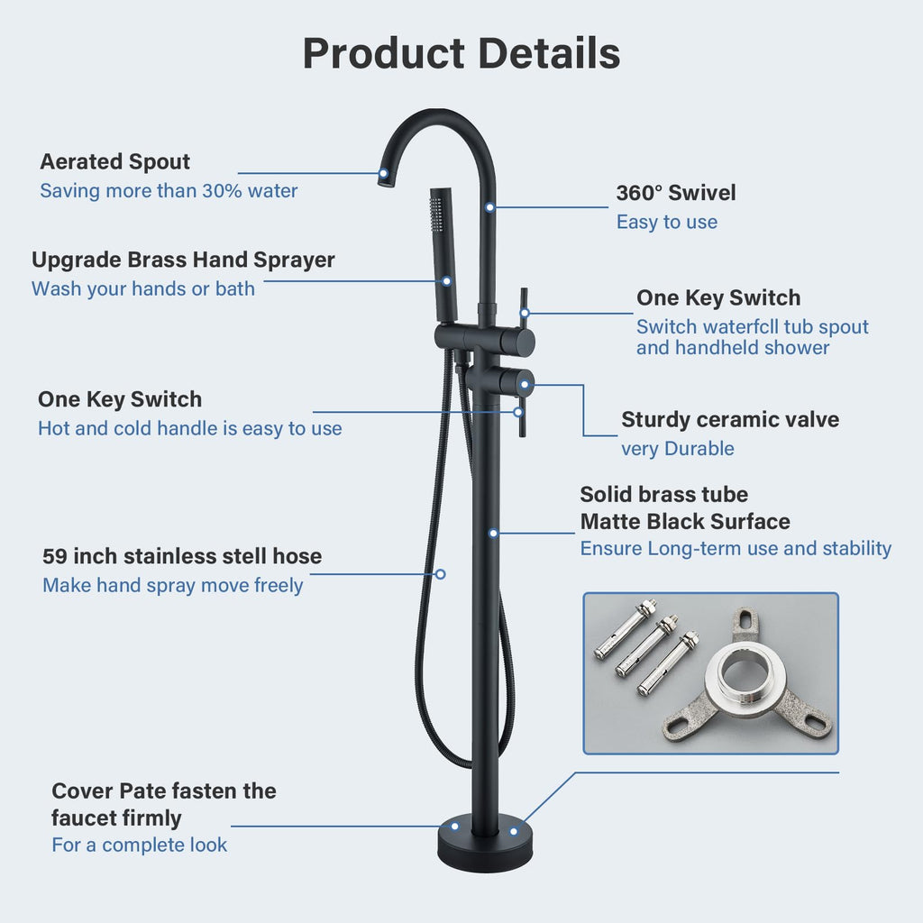 Brushed Gold Freestanding Bathtub Faucet with Hand Shower Tub Filler Faucet Floor Mounted High Flow Single Handle Bath Filler Solid Brass