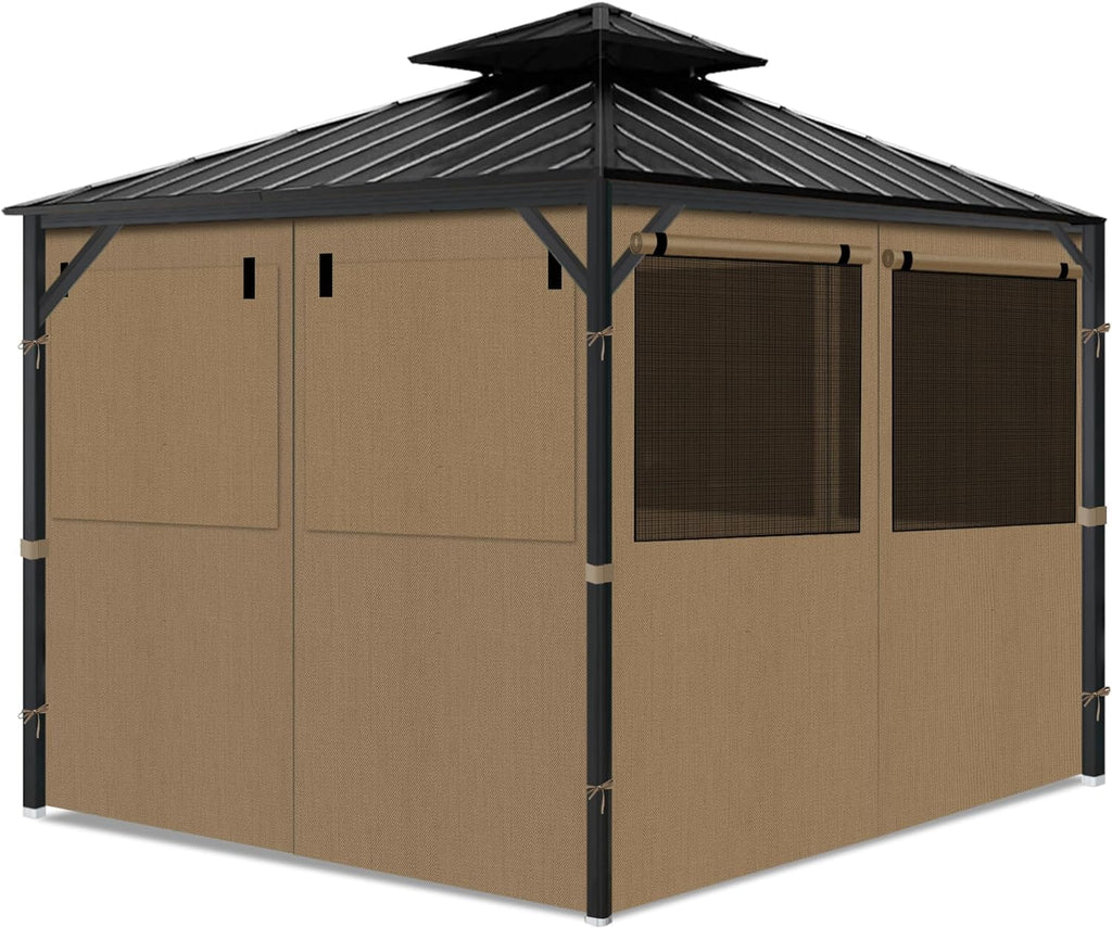 Gazebo Privacy Curtains 10' x 10' with Mosquito Windows, 4-Panels Side Wall with Zipper Universal Replacement for Patio, Outdoor Canopy, Garden and Backyard, Gray (Curtain Only)