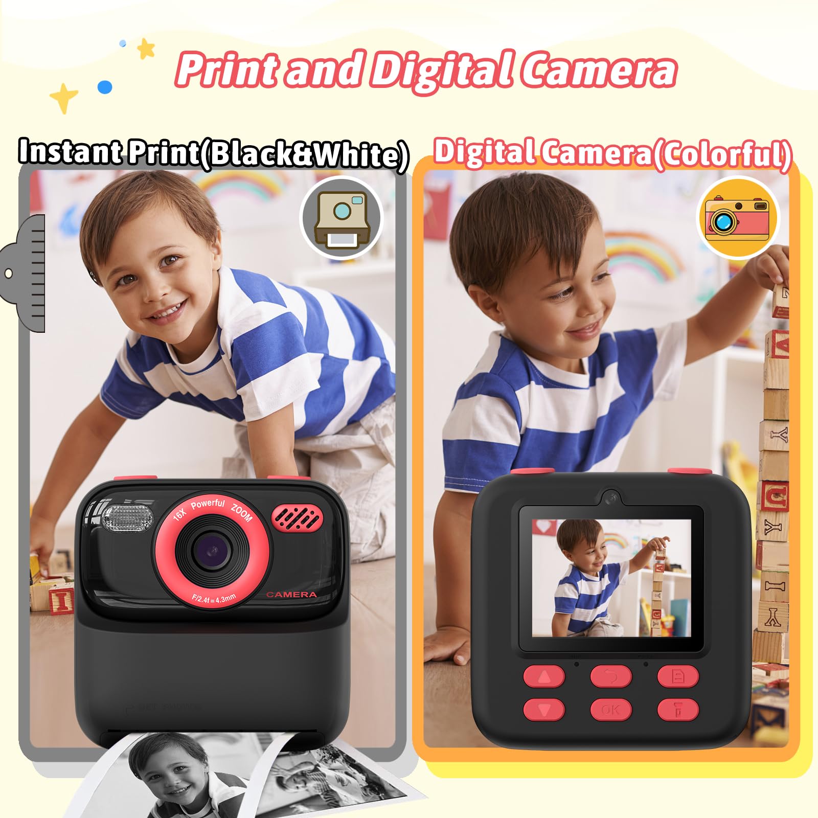 Kids Instant Digital Cameras for Boys and Girls, 1080P HD Dual-Lens Selfie Digital Camera with Print Paper & 32G Card, Christmas Birthday Gifts Toys for Toddler and Teenagers Age 3-16 Years Old