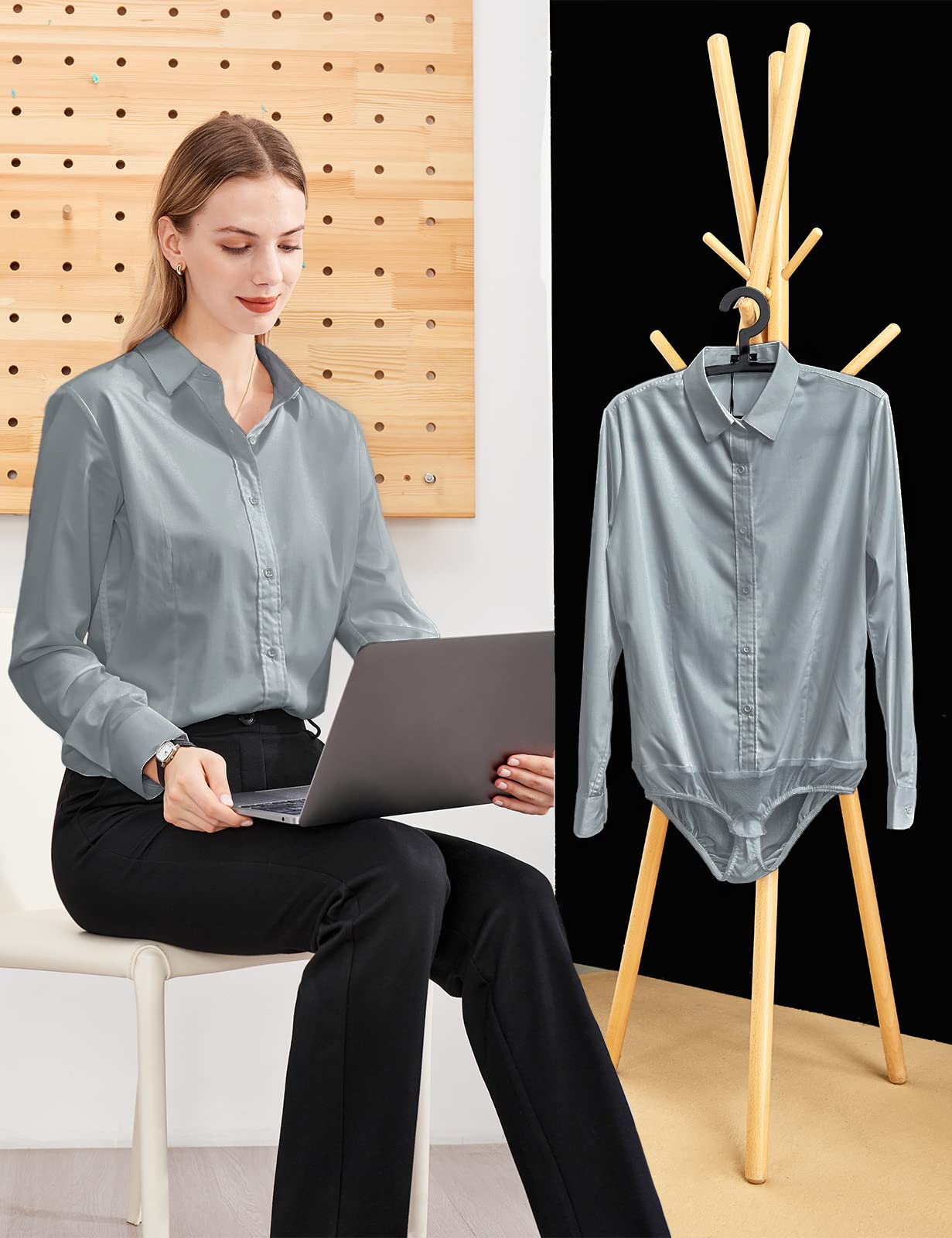 Tapata Womens Bodysuit Blouse Button Down One-Piece Long Sleeve Solid Office Work Shirt Casual Tops