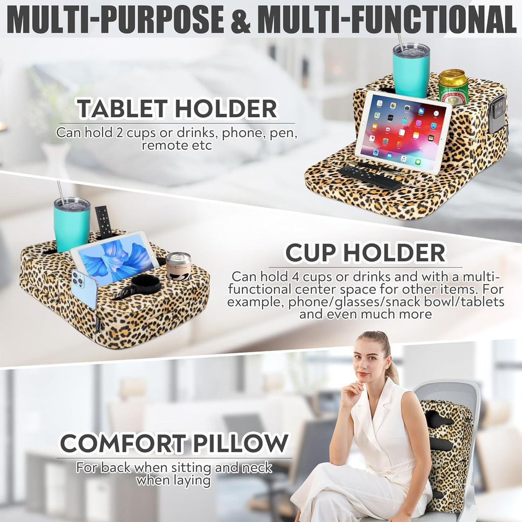 TabCouchCaddy - Couch Cup Holder Tray Pillow - Bed, Couch Caddy, Sofa, RV & Car - Holds Drinks, Snacks, Remotes, Phones, Kindle, Tablet | Bed Cup Holder (Beige)