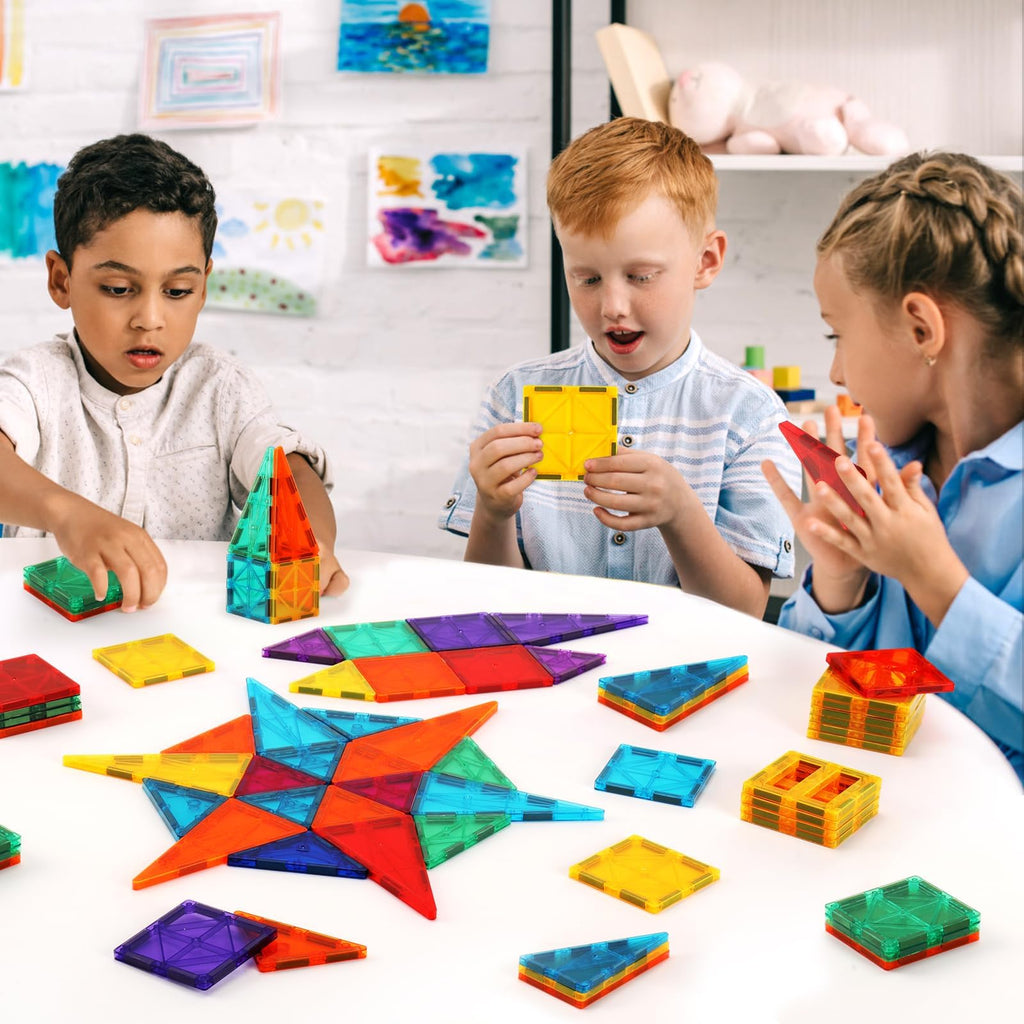 OugerToy Magnetic Building Tiles for Kids,64 PCS Educational Magnetic Stacking Blocks for Boys Girls, Magnets Construction Toys,Stem Preschool Kindergarten Learning Toys