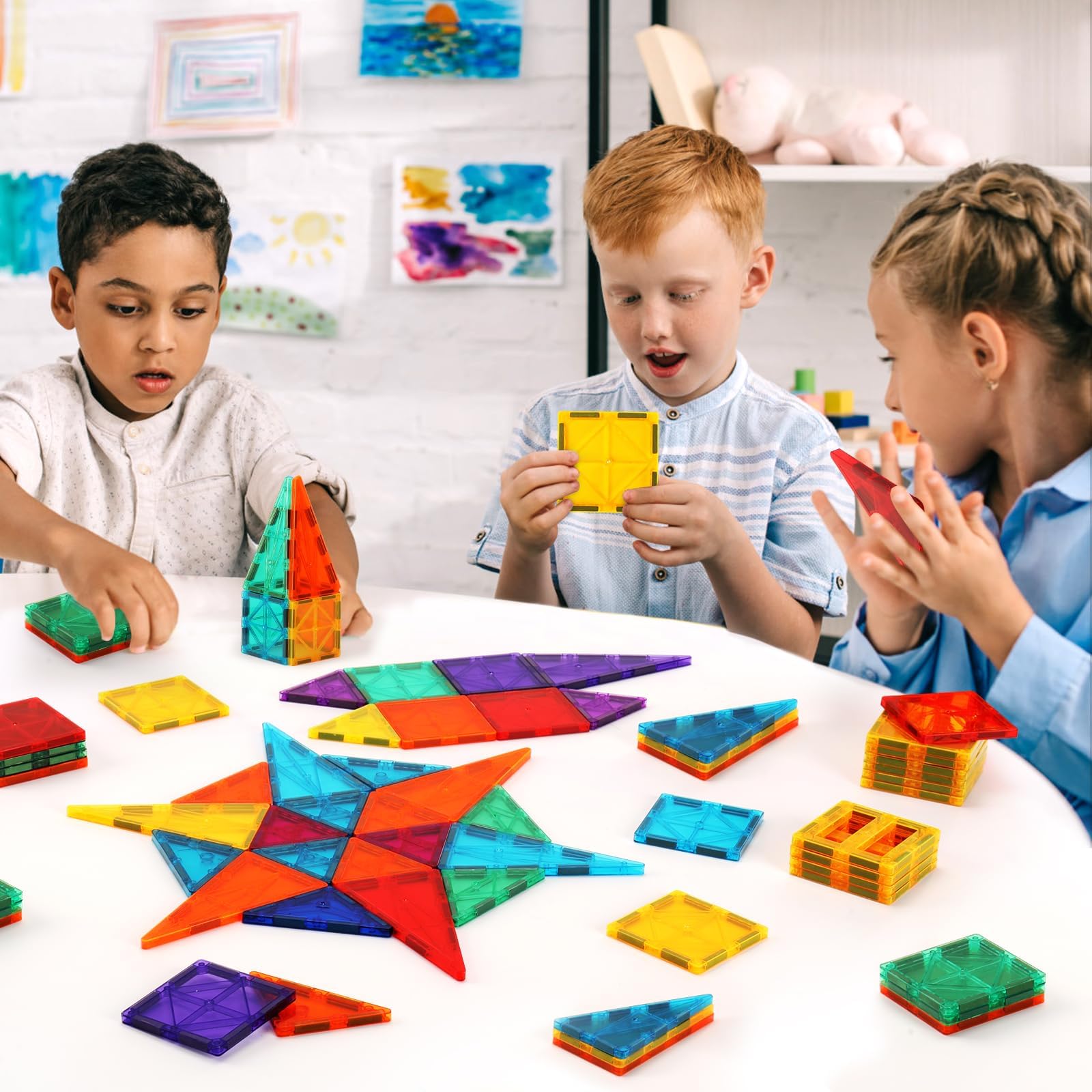 OugerToy Magnetic Building Tiles for Kids,64 PCS Educational Magnetic Stacking Blocks for Boys Girls, Magnets Construction Toys,Stem Preschool Kindergarten Learning Toys