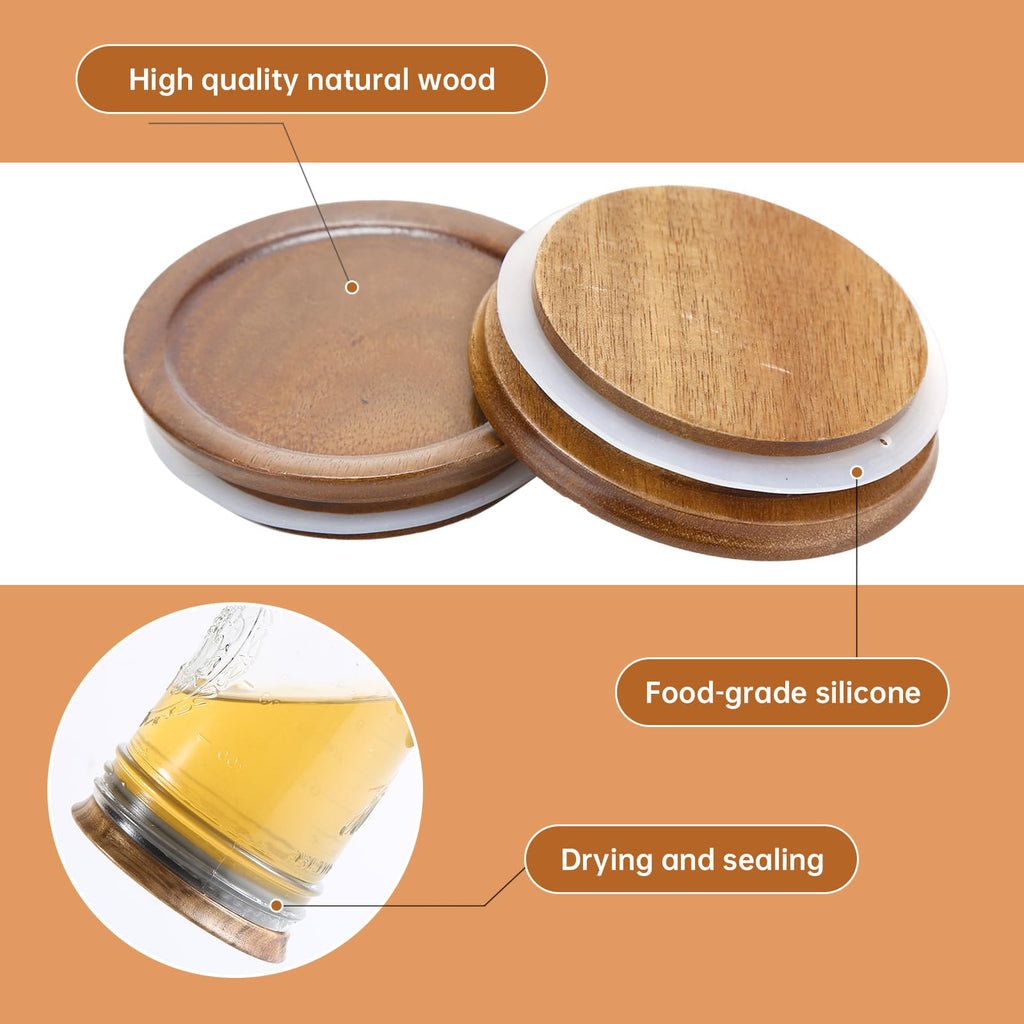 6 Pack Wide Mouth Mason Jar Lids Reusable canning lids Acacia Wooden mason jar Lids with Airtight Silicone Seal, Brown (6PCS Wide Lids)