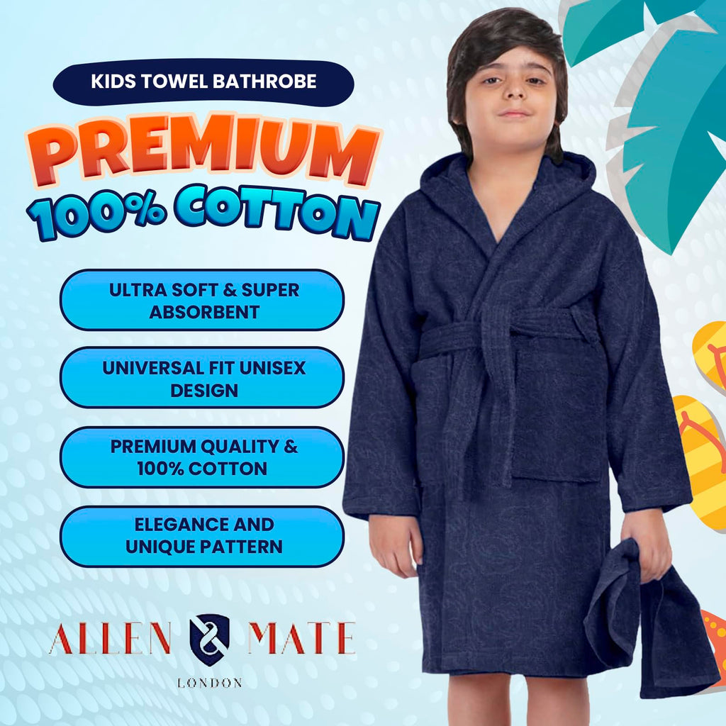 ALLEN & MATE 100% COTTON Hooded Kids Bathrobe – Soft, Medium Weight Absorbent Bath Towel Robe for Boys & Girls, 6-15 Years