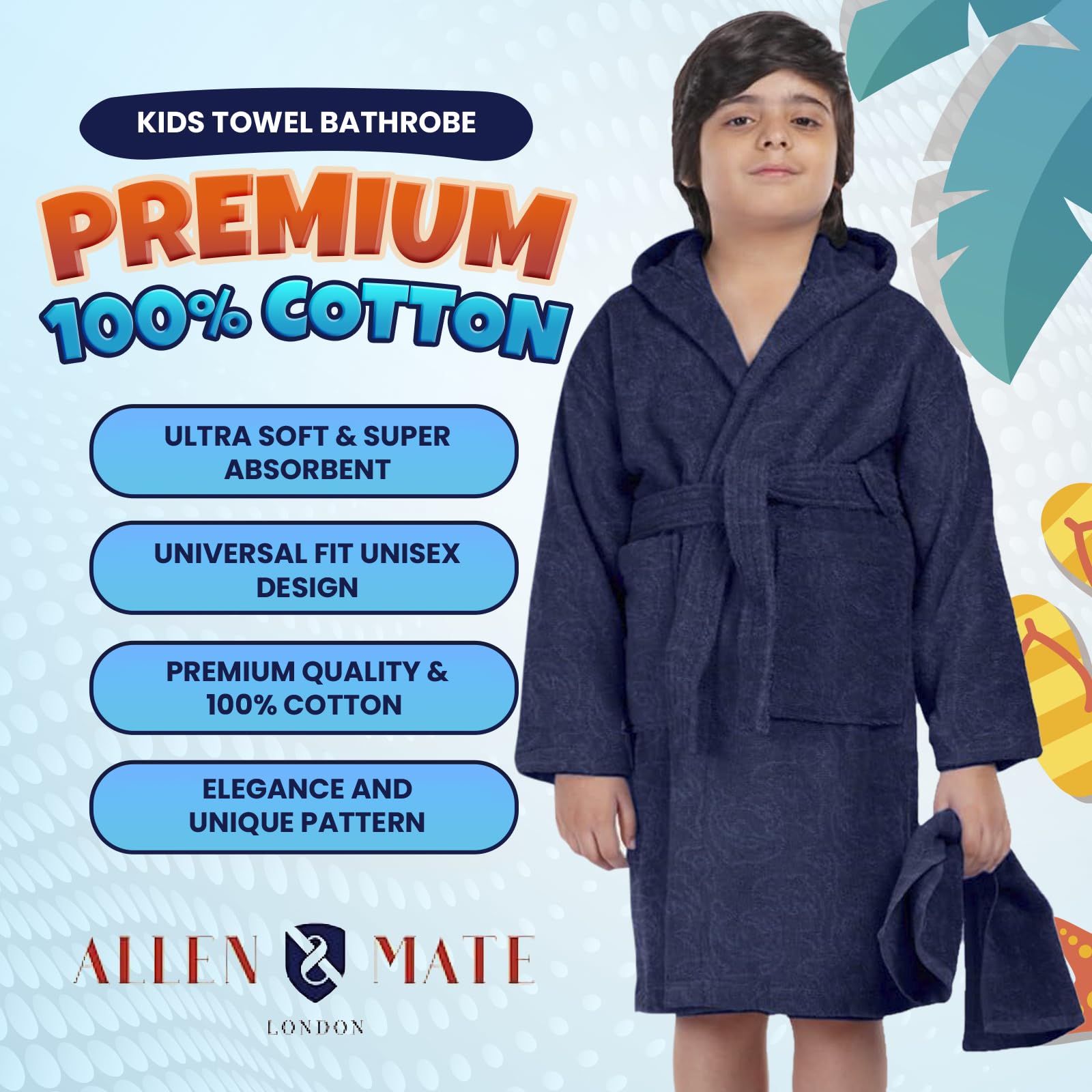 ALLEN & MATE 100% COTTON Hooded Kids Bathrobe – Soft, Medium Weight Absorbent Bath Towel Robe for Boys & Girls, 6-15 Years