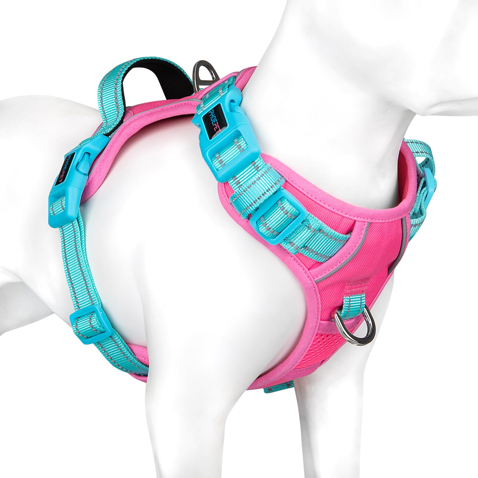 PHOEPET No Pull Dog Harness, Unique Colors Reflective Adjustable Dog Vest, with Soft Training Handle Metal Clips for Small Medium Large Dogs (Baby Blue Base & Pink Straps,S)