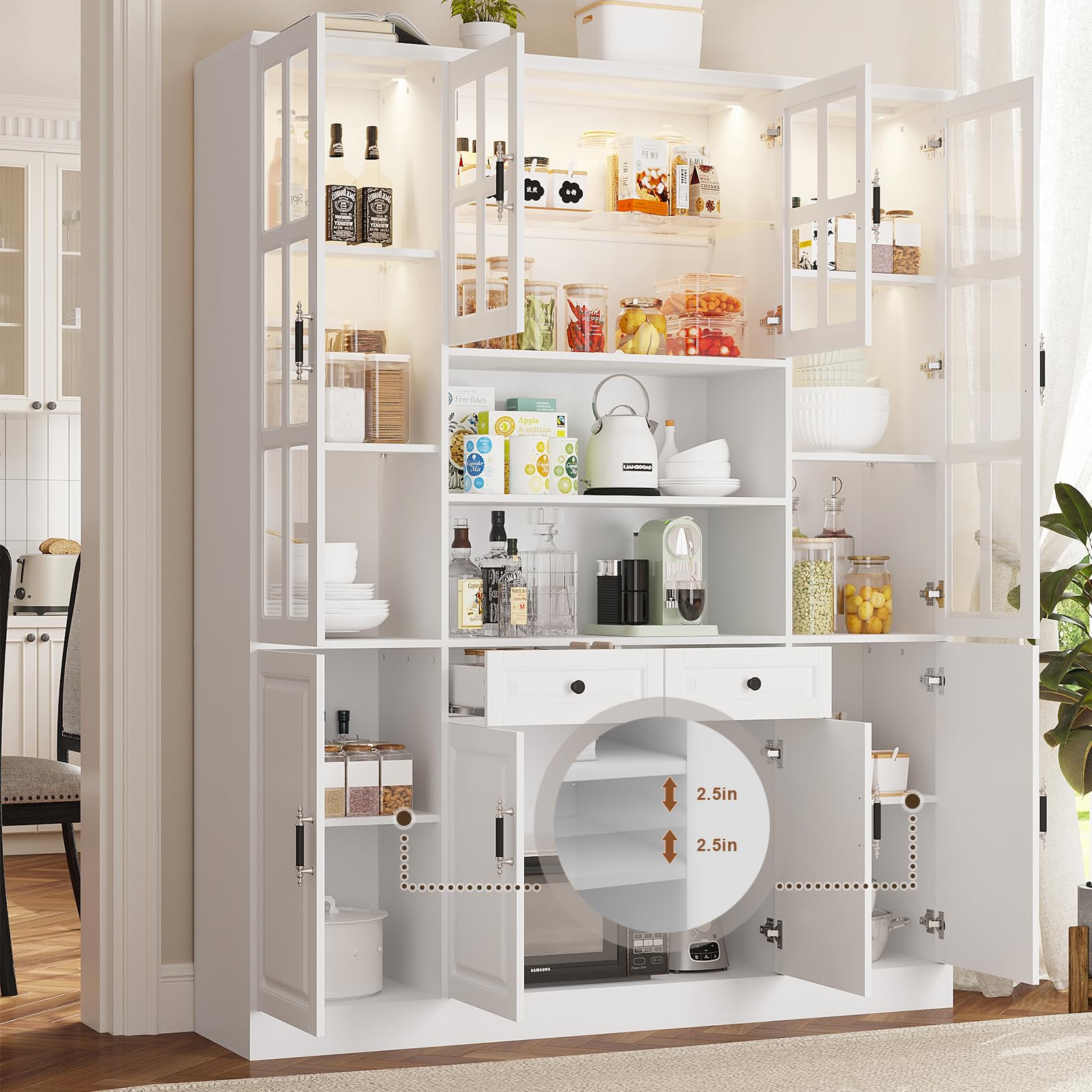 MEISSALIVVE Kitchen Pantry Storage Cabinet with LED Lights, 78.7" Tall with Glass Doors & Drawers, Freestanding Utility Cabinet, Black (31.5" W x 15.7" D)