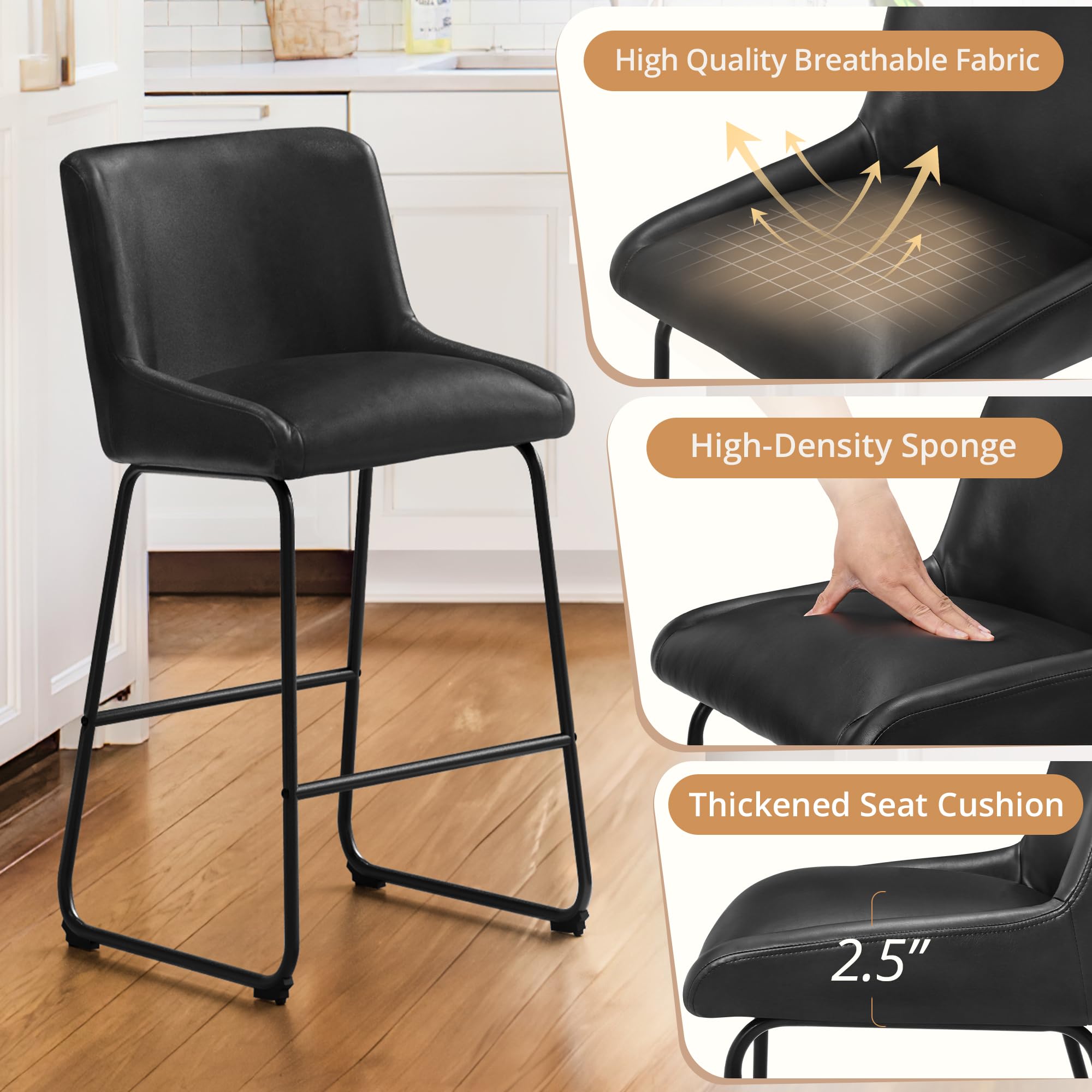 LUE BONA 26 Inch Counter Height Bar Stools Set of 2, Faux Leather Upholstered Barstools, Barstool with Back, Comfortable Bar Chairs, Modern Counter Stools for Kitchen Counter Island