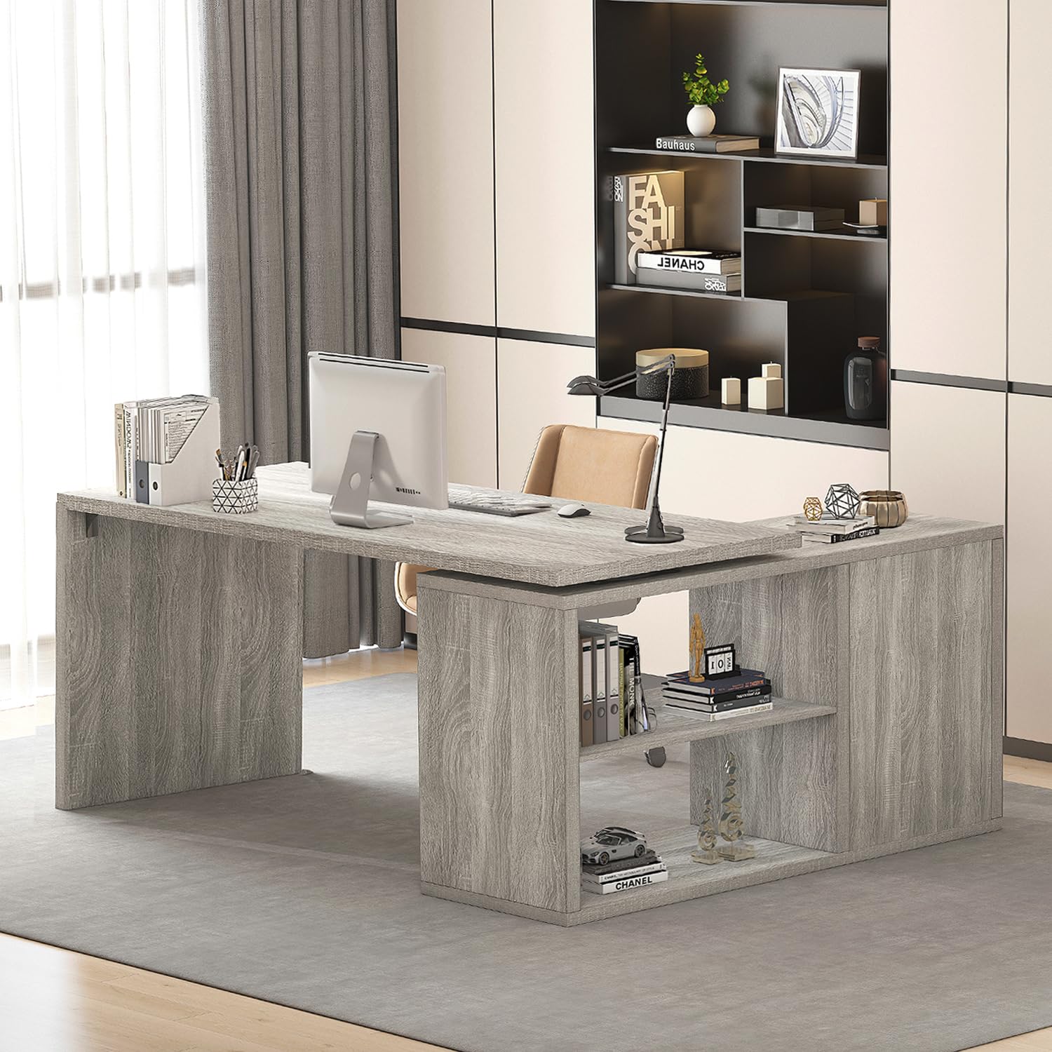 HSH Black L Shaped Computer Desk, Corner Desk with Storage Cabinet Shelves, Reversible Industrial Wood Executive Workstation, L-Shaped Home Office Table for Work Study Writing Gaming, 55 Inch
