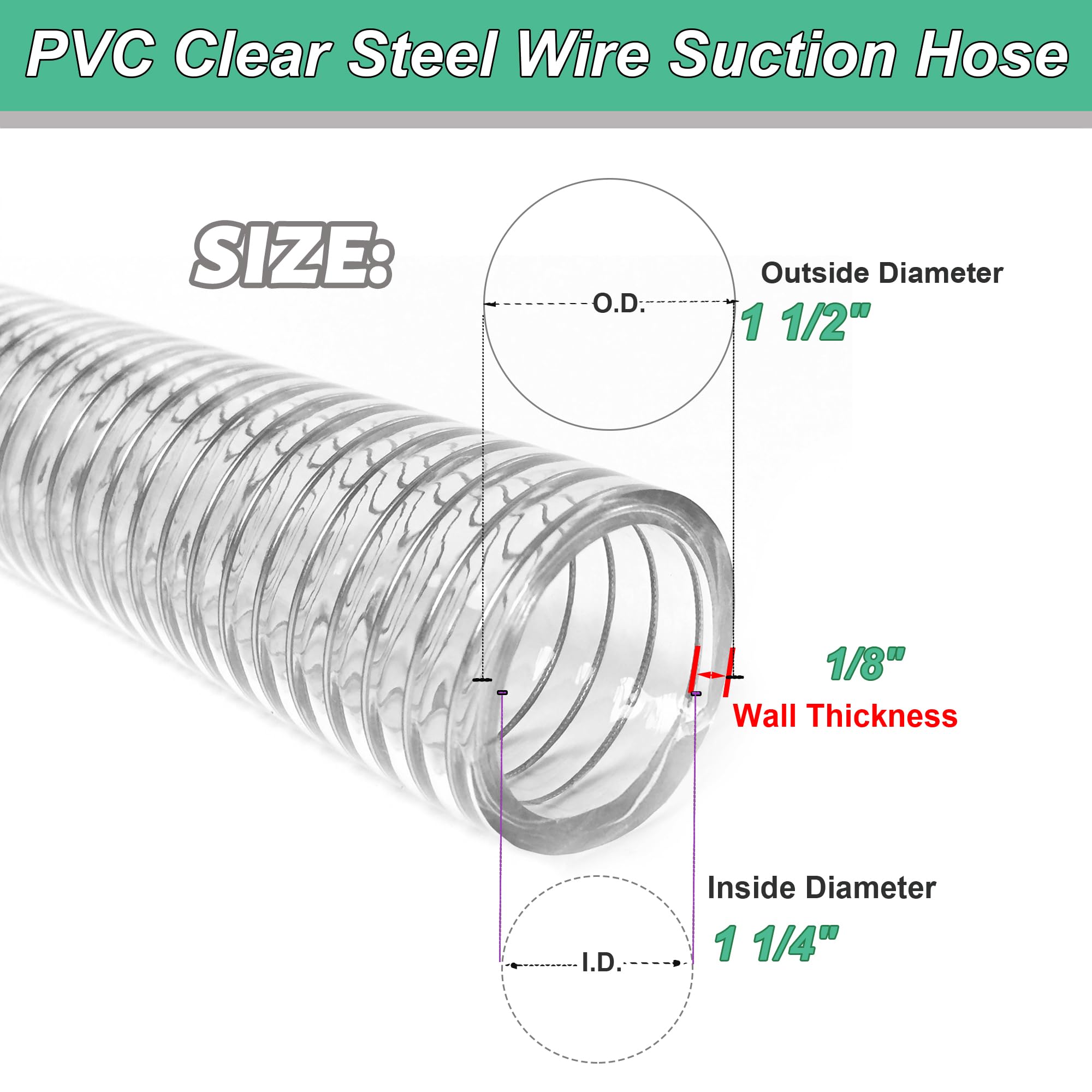 1"id-5ft PVC Reinforced Tubing Steel Wire Suction Flexible Hose Vinyl Tubing Heavy Duty PVC Vacuum Hose Drain Fuel Oil Gas Water for Marine Bilge Pump Pond Spa