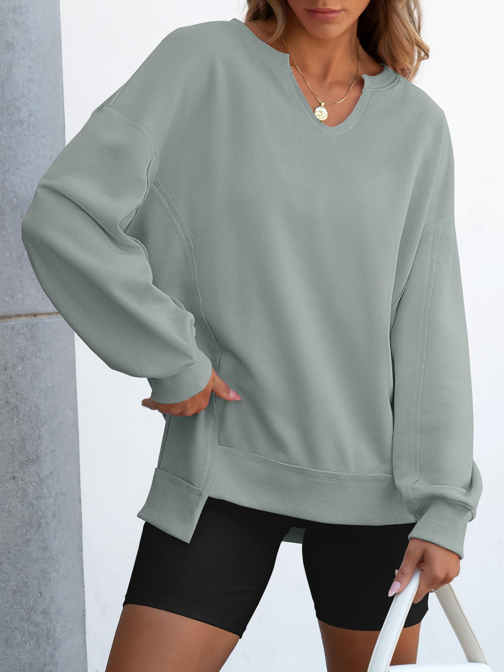 ANRABESS Women's Long Sleeve V-Neck Oversized Sweatshirts | Soft Lightweight Loose Fit Pullover Tops, Casual School Workout Office Tunic Shirts, Teen Girls Outfit, Fall Winter Clothes