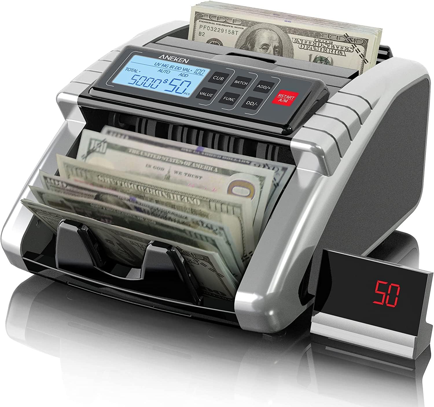 Aneken Money Counter Machine with Value Count, Dollar, Euro UV/MG/IR/DD/DBL/HLF/CHN Counterfeit Bill Detectors，Add and Batch Modes, Cash Counter with LCD Display | Jam-free and durable