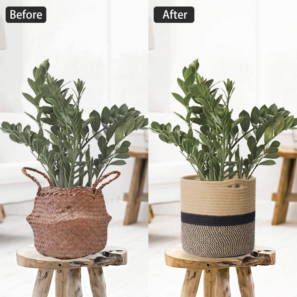 TIMEYARD Sturdy Jute Rope Plant Basket Modern Woven Basket up to 7.5 Inch Flower Pot Floor Indoor Planters, 8” x 8” Storage Organizer Baskets Rustic Home Decor, Black Stripes