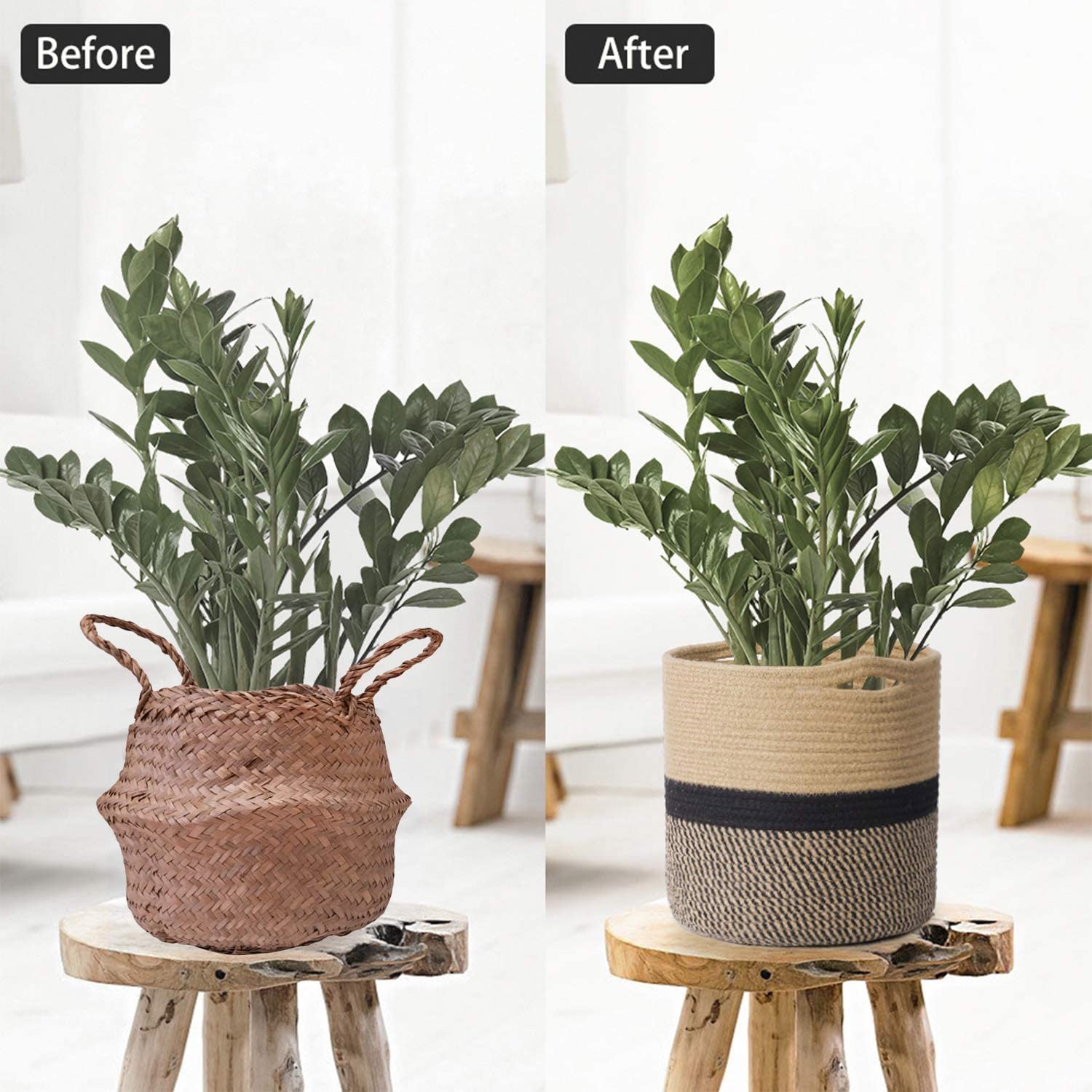 TIMEYARD Sturdy Jute Rope Plant Basket Modern Woven Basket up to 7.5 Inch Flower Pot Floor Indoor Planters, 8” x 8” Storage Organizer Baskets Rustic Home Decor, Black Stripes